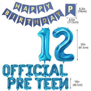 12Th Birthday Decorations For Boys Girls, Official Pre-Teen 12Th Birthday Balloon Happy 12Th Birthday Banner Number 12 Foil Ball
