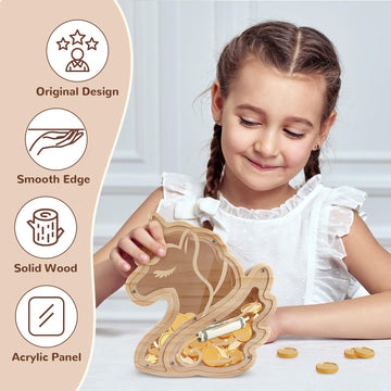 wooshwa Unicorn Piggy Bank for Kids, Wooden Money Bank for Boys Girls Toddler, Unbreakable Bills and Coins Cash Box, Creative Sa