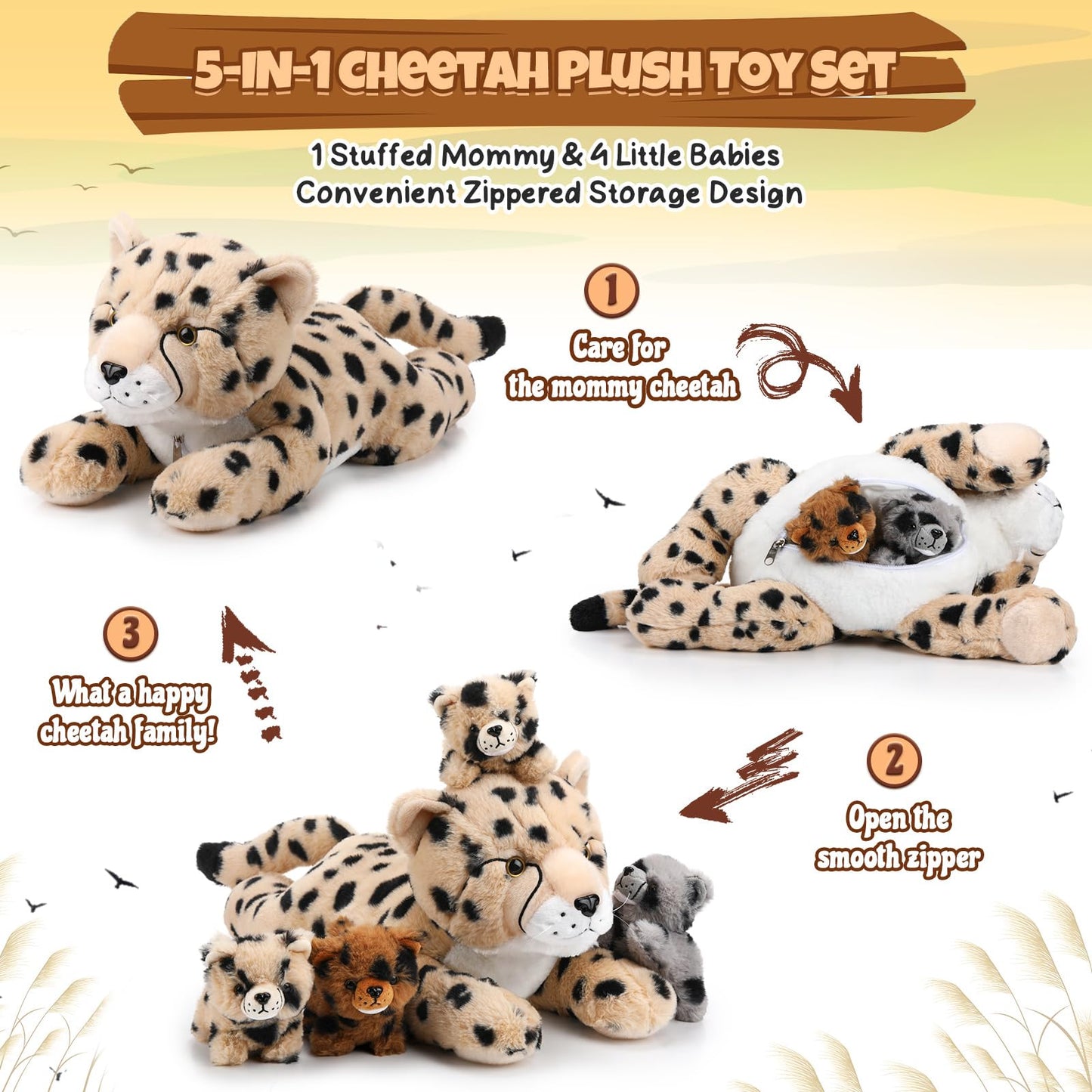 Silipull 5 Pcs Cheetah Stuffed Animals Set Large Mommy Cheetah Plush With 4 Soft Cuddly Baby Cubs In Her Tummy For Boys Girls Bi