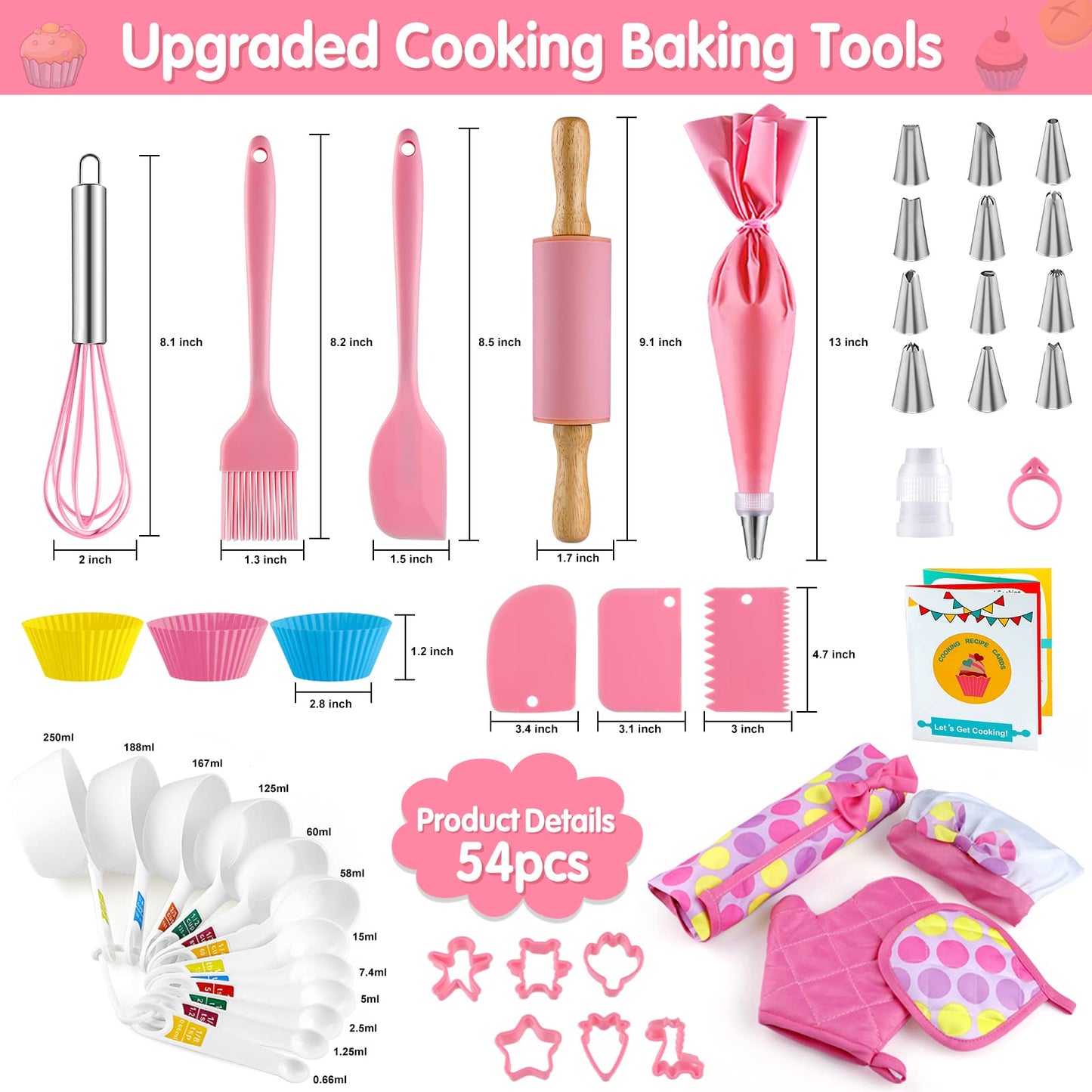 INNOCHEER Kids Baking and Cooking Set for Girls, 54PCS Chef Costume Set with Kids Apron, Chef Hat, All Real Cooking Tools and Ba