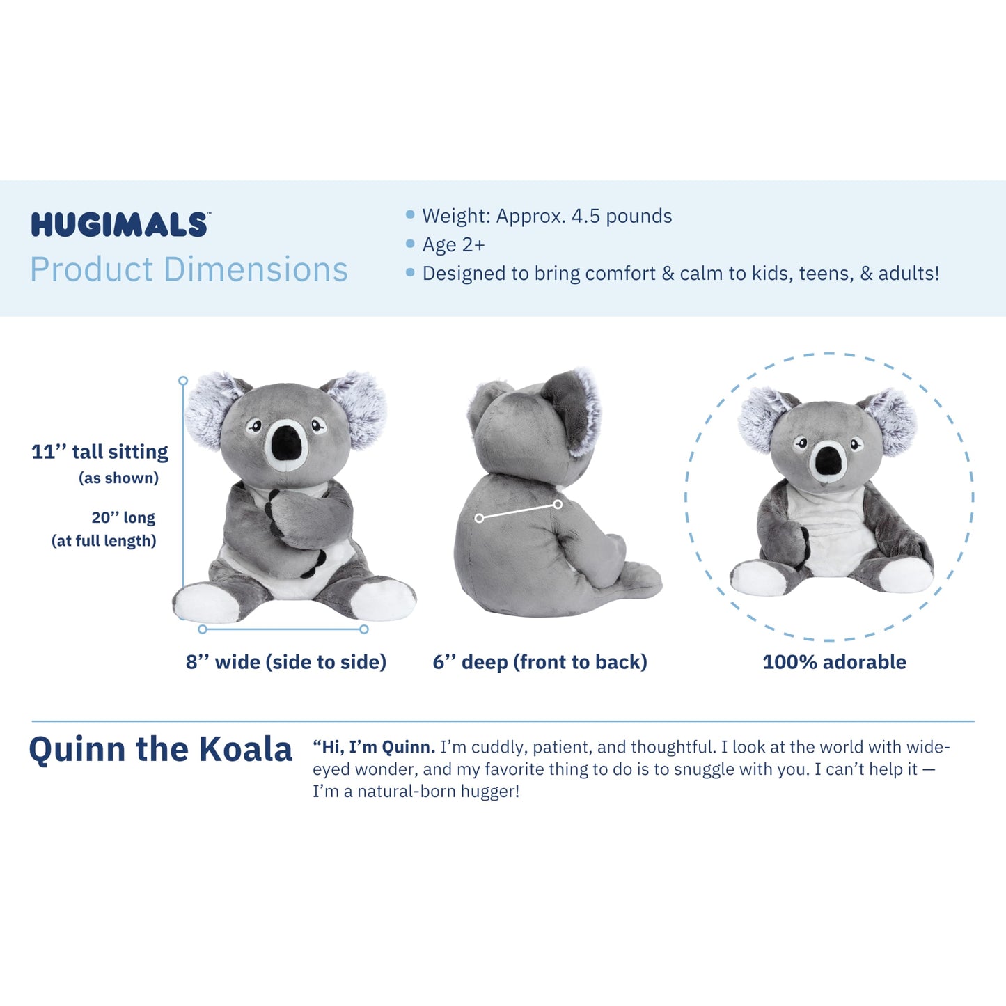 Hugimals Quinn The Koala 4.5 Lb Heavy Cute Weighted Comfort Plush Large Unscented Self Care Stuffed Animal For All Ages - Kids, Teens And Adults