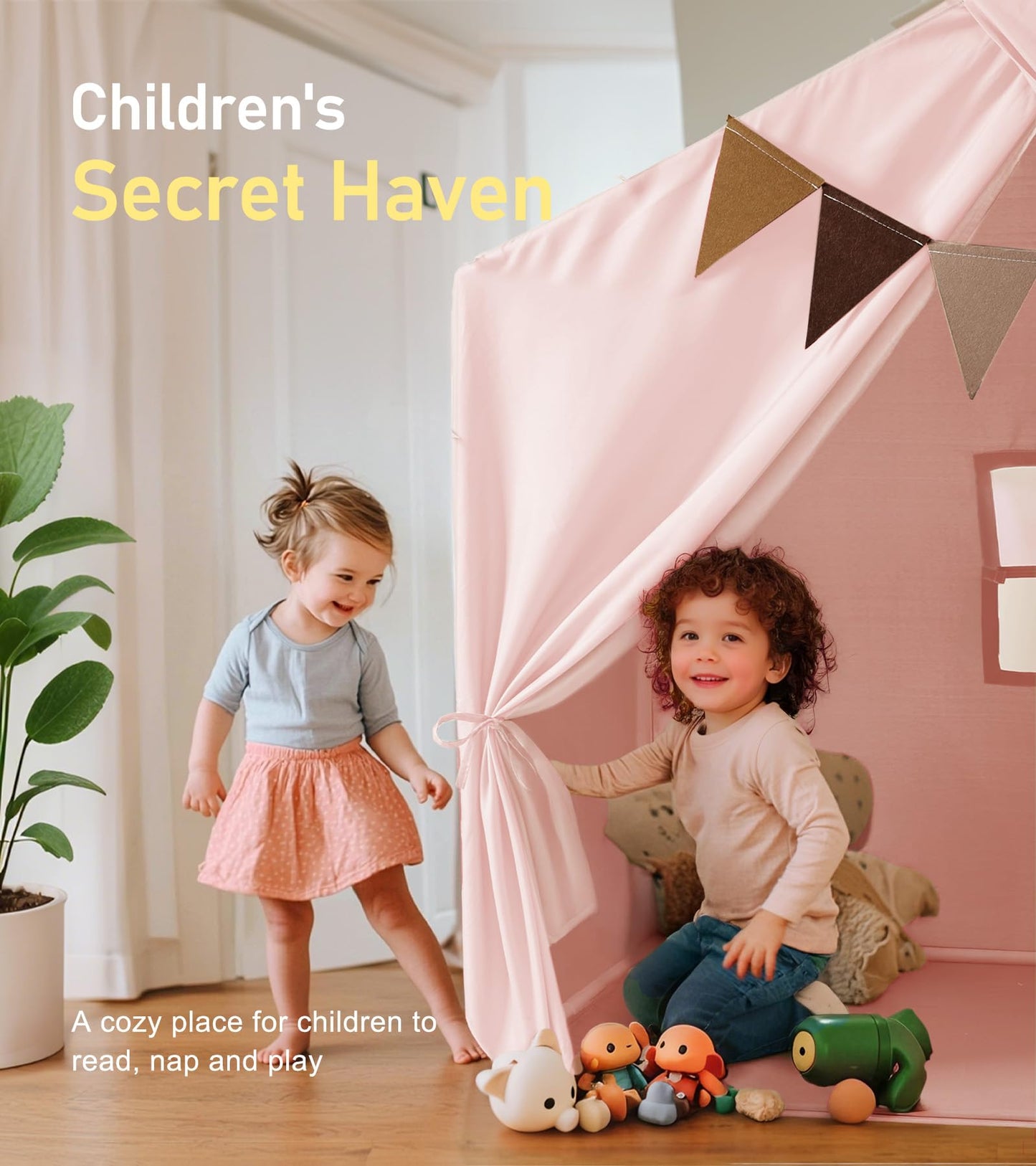 Kids Play Tent, Large Kids Playhouse with String Lights and Flag Garland, Bed Tent with 2 Windows, Machine Washable Reading Nook