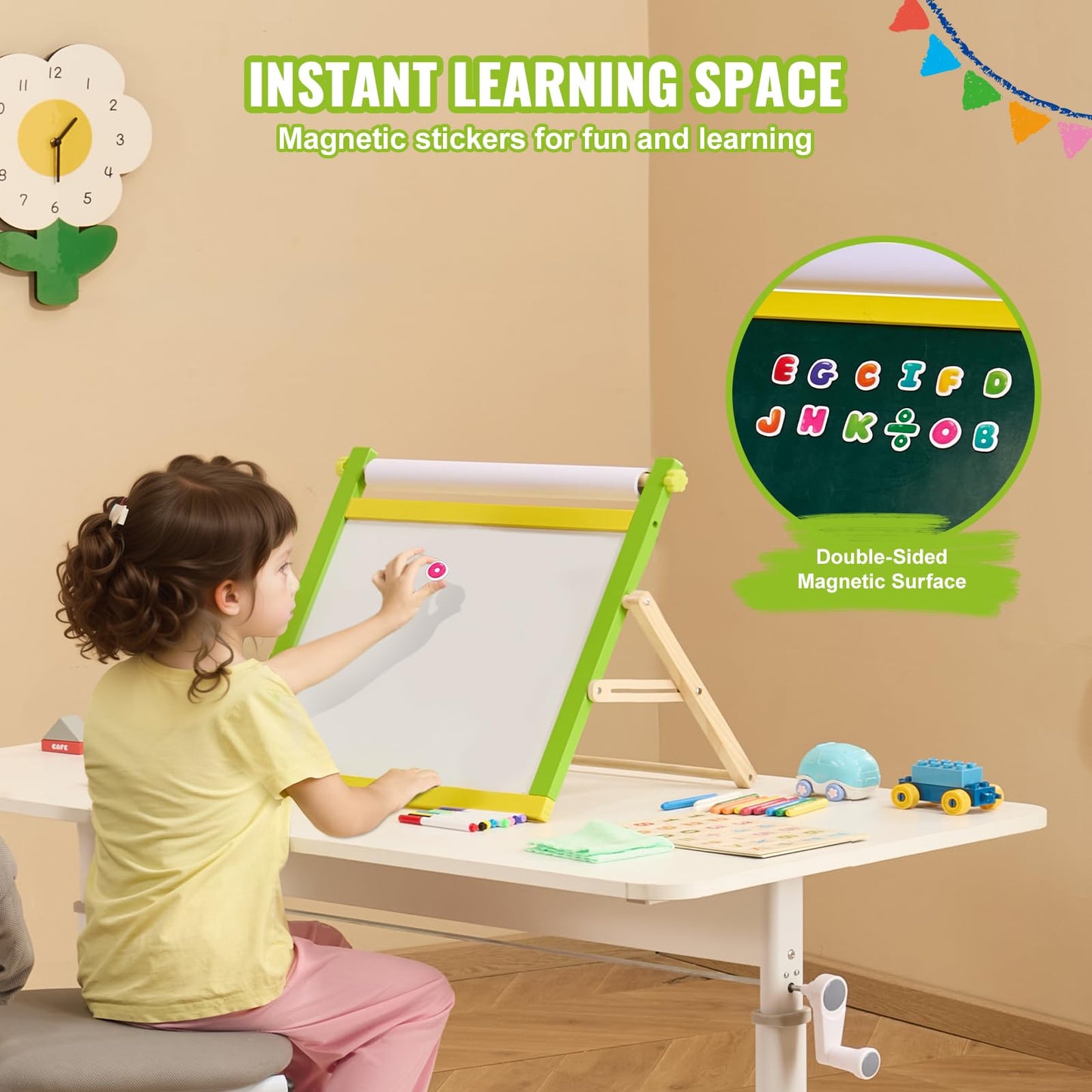 VEVOR Tabletop Art Easel for Kids, 3-in-1 Wooden Double-Sided Kids Art Easel with Magnetic Whiteboard, Chalkboard, Paper Roll,