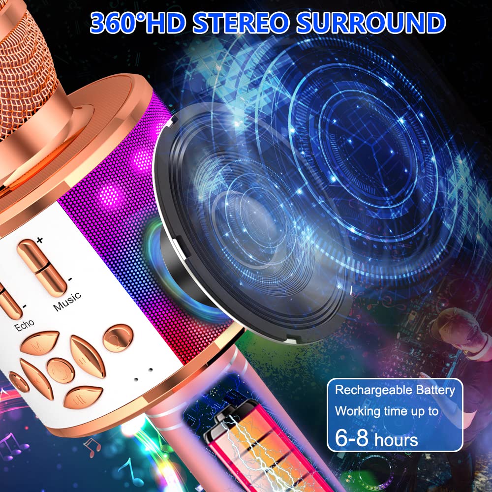 Amazmic Karaoke Microphone For Adults, Wireless Bluetooth Microphone For Singing Portable Karaoke Machine Handheld With Led Lights, Gift For Kids Adults Birthday Party, Home Ktv(Rose Gold)