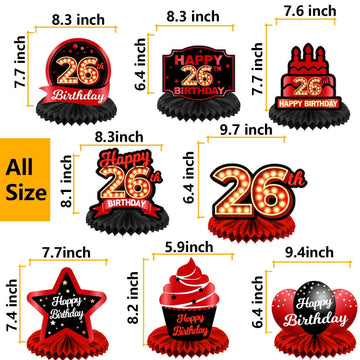 Happy 26Th Birthday Red And Black Table Honeycomb Centerpieces Balloons Theme Decor Table Decorations Table Toppers For Girls Women Princess 26 Years Old Birthday Party Bday Supplies Background Gold