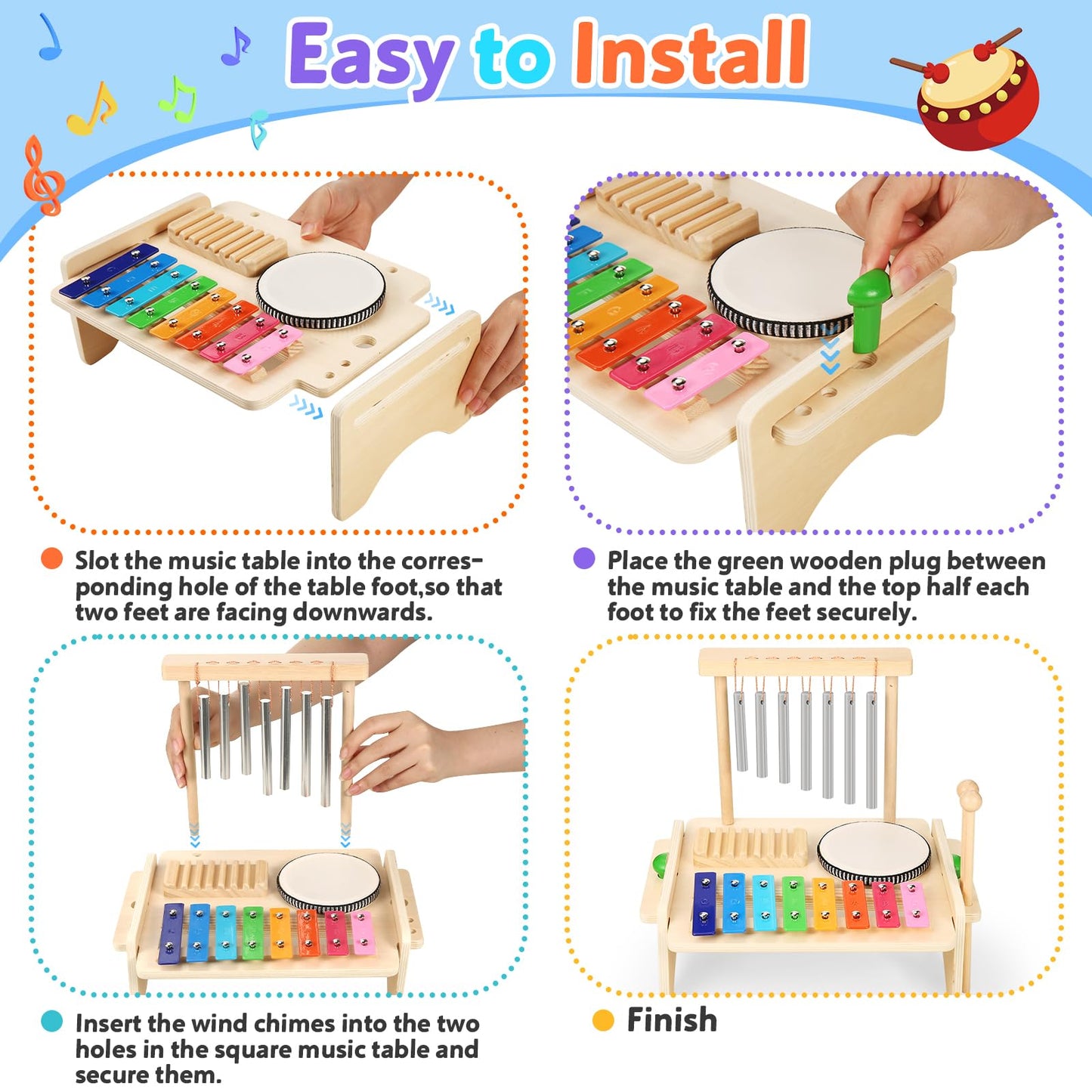 Kids Drum Set,Baby Musical Instrument For Toddler,Wooden Xylophone For Toddlers With Baby Drum Set And Wind Chime,Montessori Mus