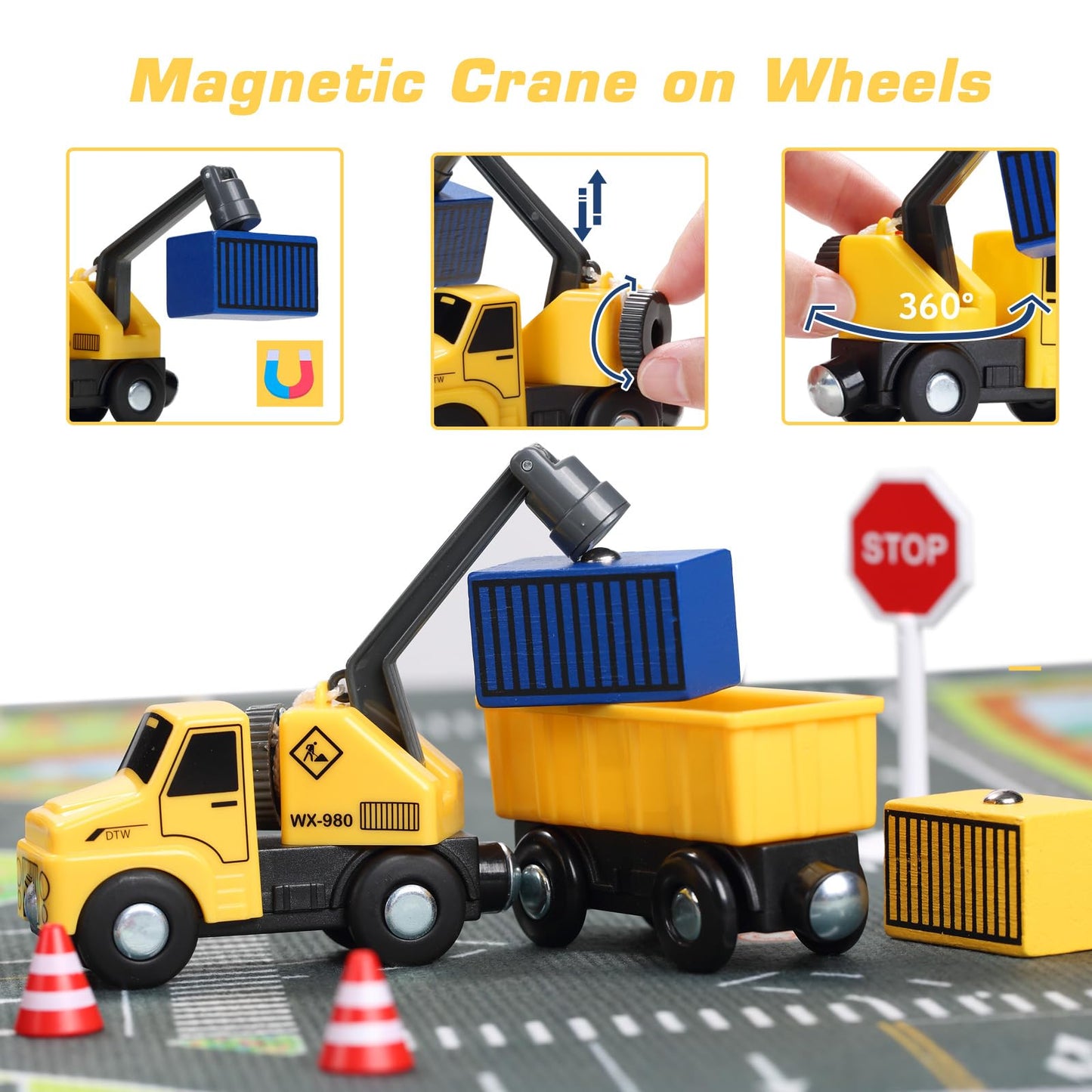 Giant Bean 12Pcs Vehicles Battery Operated Train Car Set, Magnetic Mini Construction Set For Wooden Train Track, Bulk Car Toys For Toddlers Boys Girls Kids 3 4 5, Fits For Most Brands