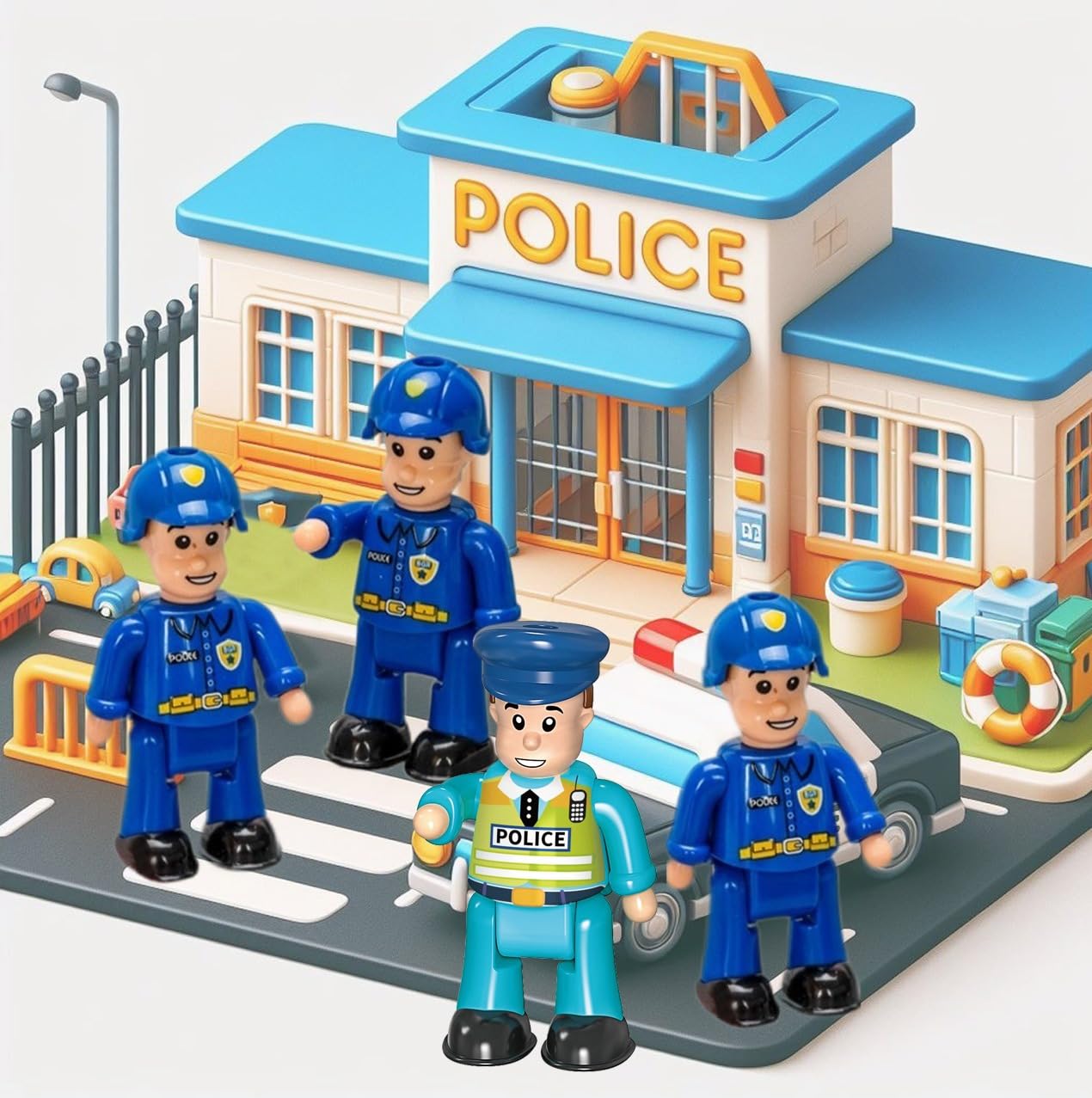 Funerica Police Officer Toy Figures- 4 Detailed Policeman & Police Chief - Imaginative Play Police Action Figures For Toddlers & Kids Roleplay - Little People Figurines - Mini Community Helpers