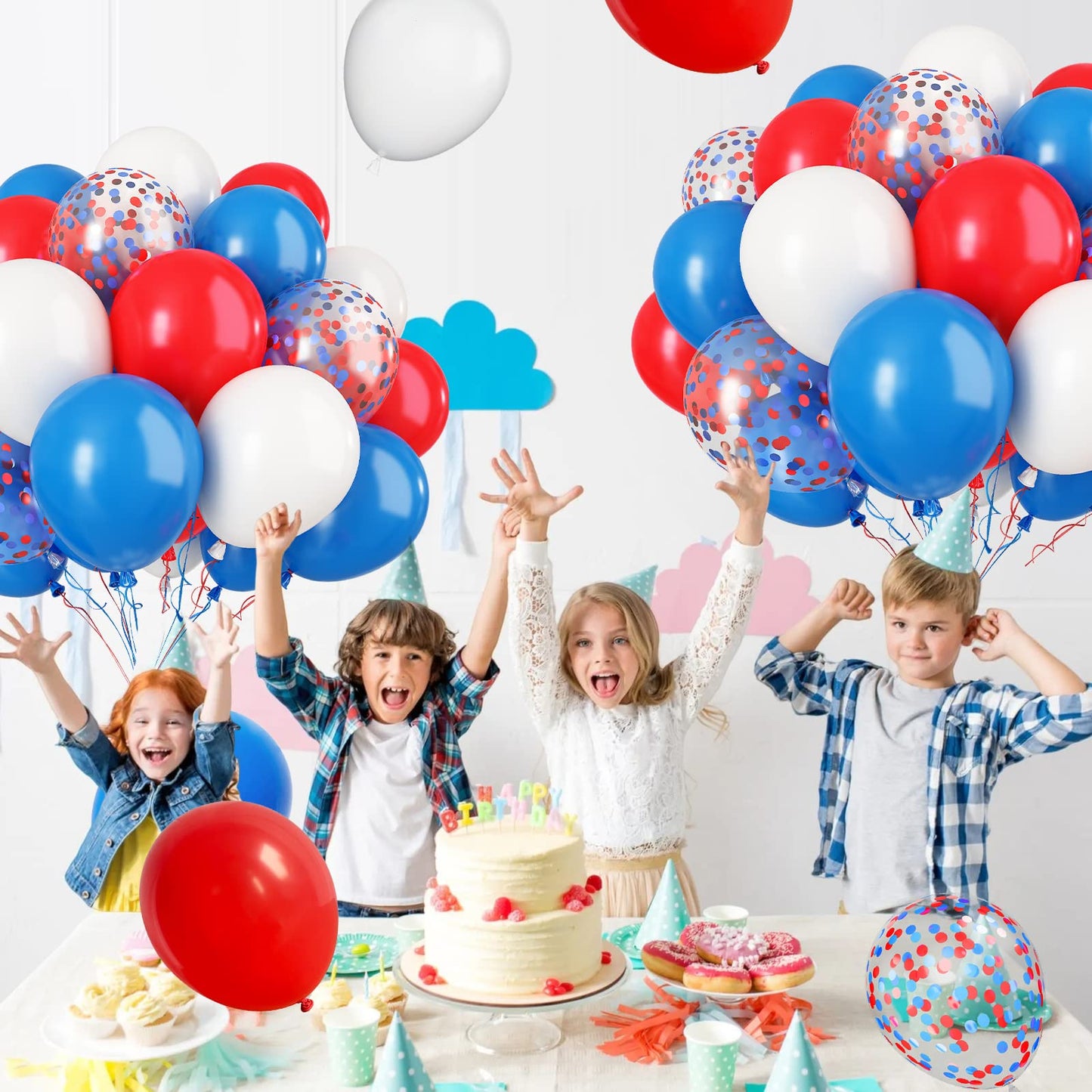 Paready Red And Blue Latex Balloons, 30 Pcs 12 Inch White And Red Blue Confetti Balloons With Ribbons For 4Th Of July Independen