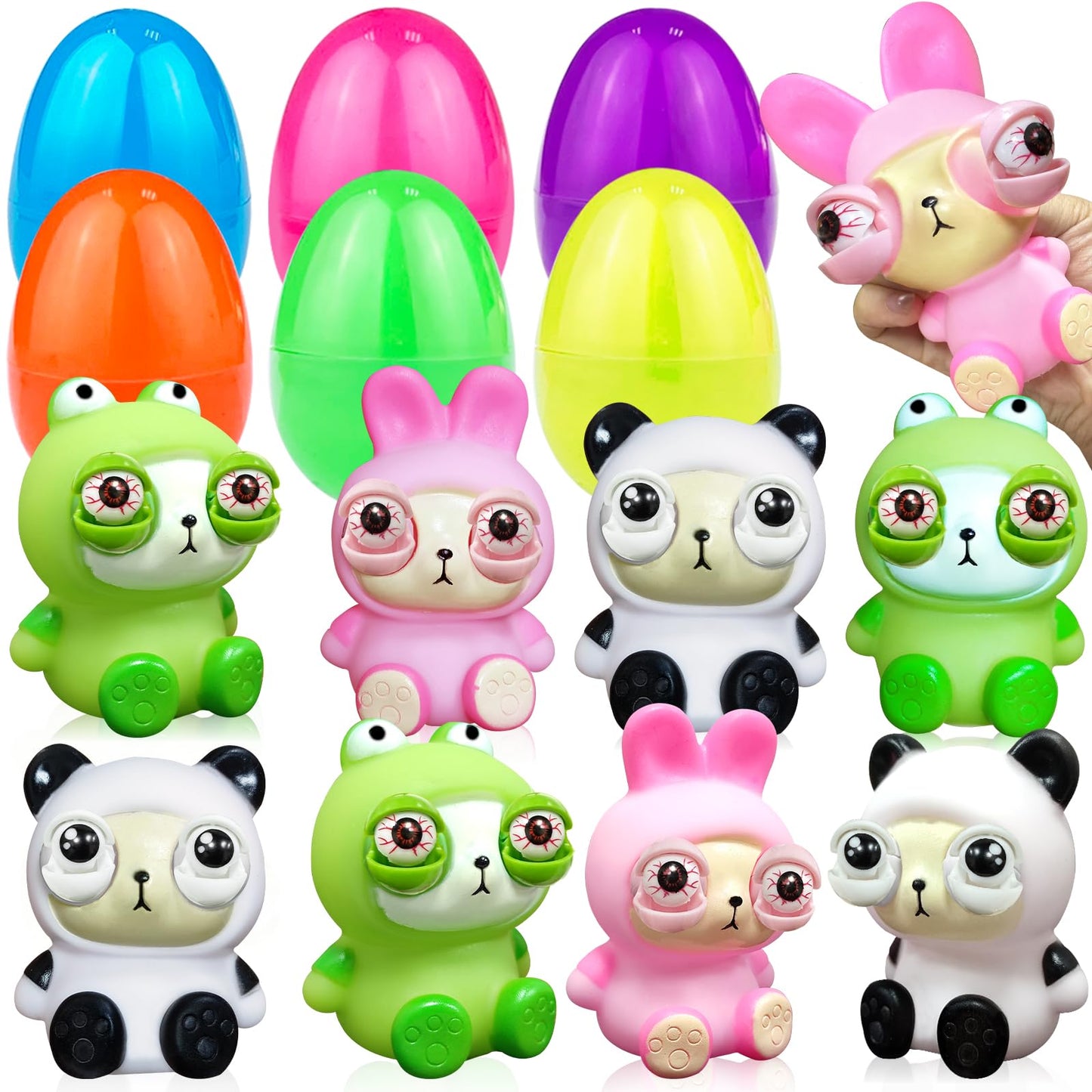 Amenon 6 Pack 3.8'' Large Easter Eggs Filled With Squeeze Animals With Popping Eyes-Bunny Panda Frog, Sensory Fidget Toys Easter