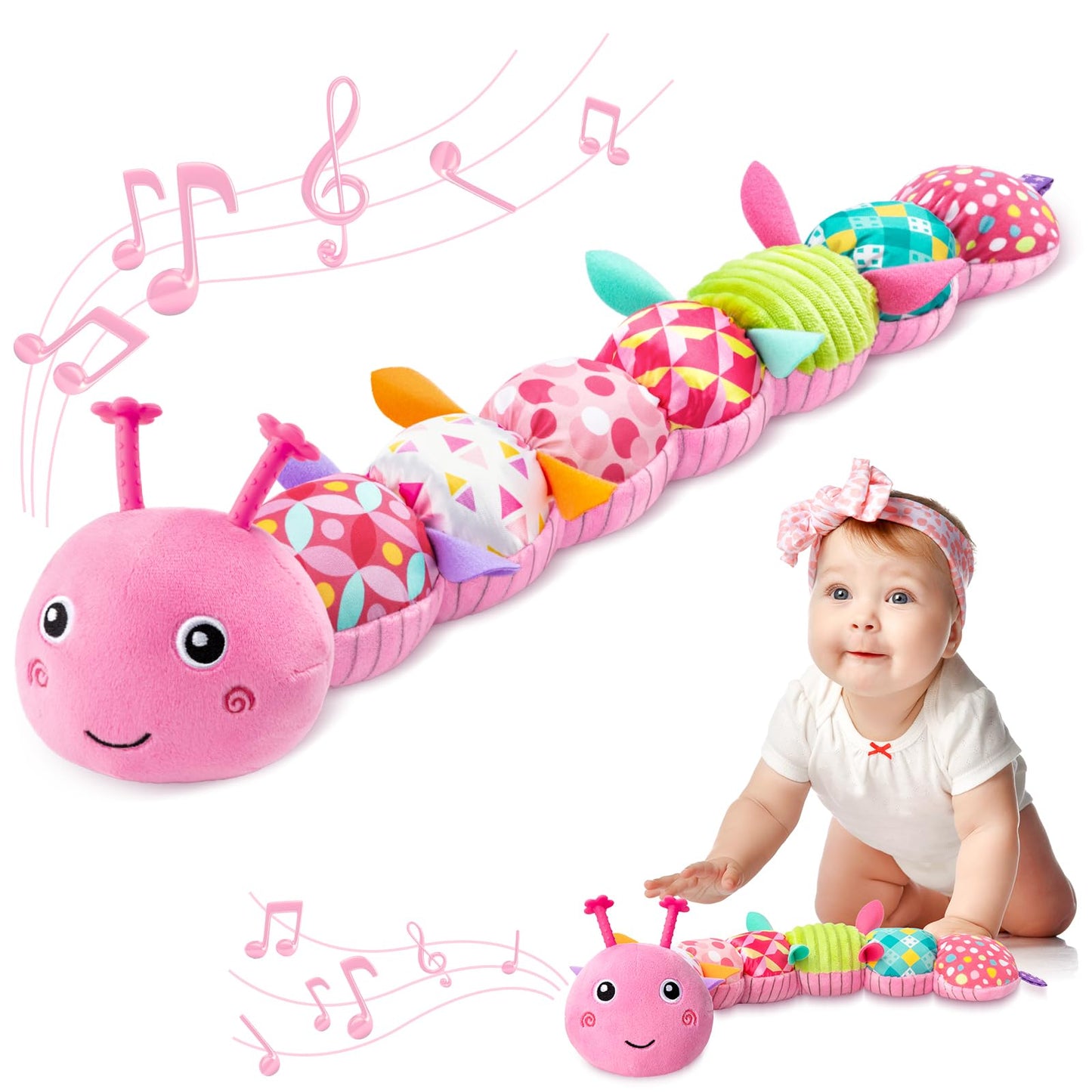 Awotoy Baby Toys 0-6-12 Months,Infant Musical Stuffed Animals Activity Toys With Muti-Sensory Crinkle,Rattles,Baby Girl Toys Gifts For Newborn Tummy Time,Caterpillar,Pink