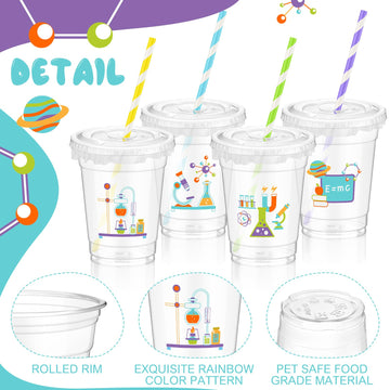 Foldtier 50 Pcs Science Cups 12 Oz Disposable Plastic Cups With Straws And Lids Science Clear Cup Birthday Cups Supplies Birthda