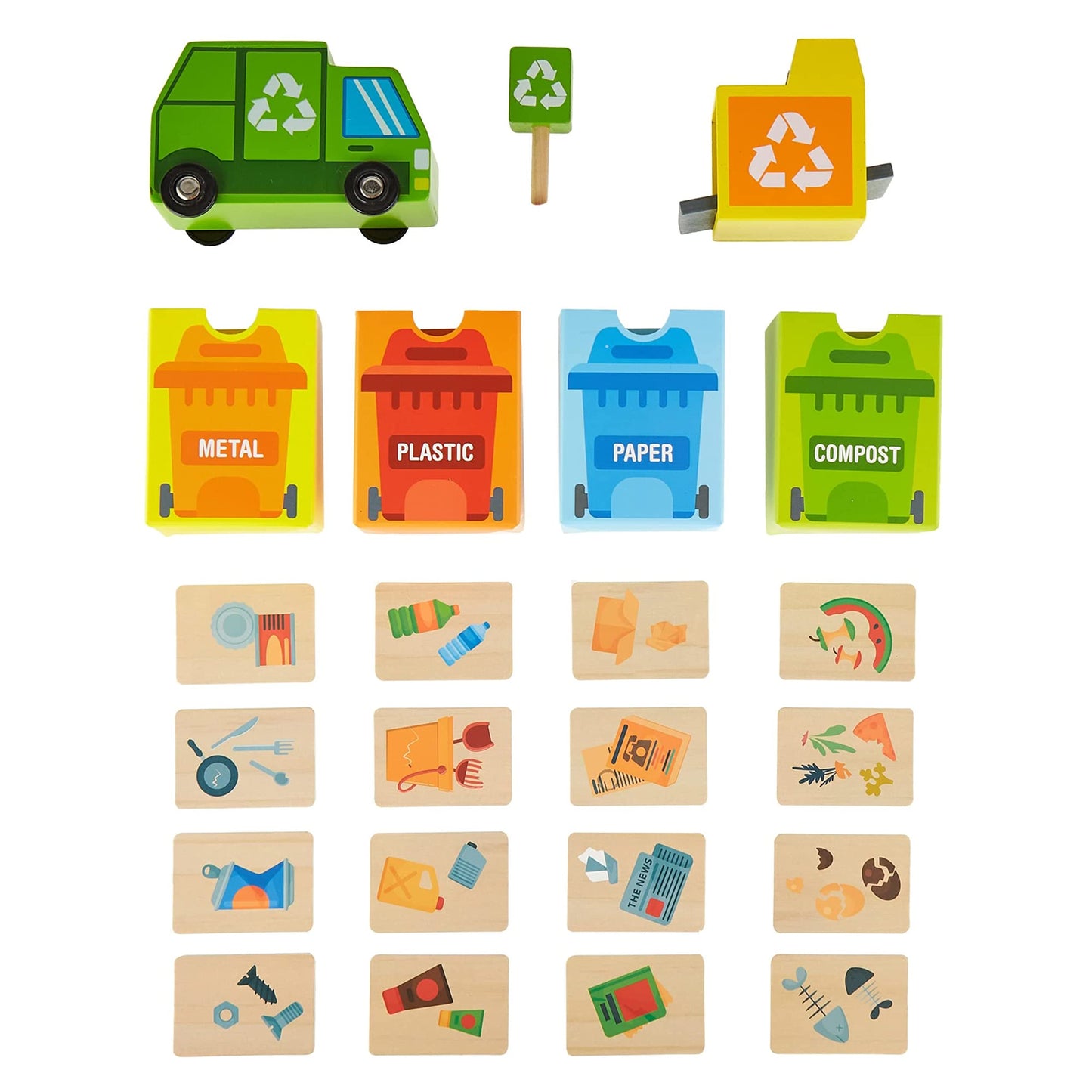 Reduce & Reuse Recycling Center Playset | Wooden Green Garbage Truck Toy, Sorting Bins, and Accessories | Safe, Natural Material