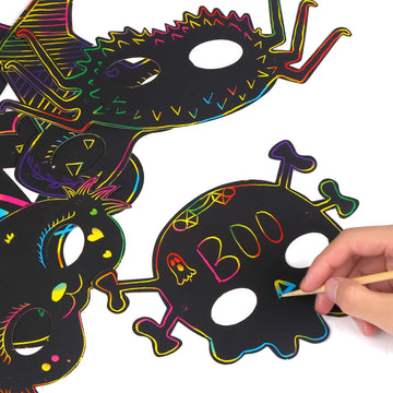 Ccinee 36Pcs Halloween Scratch Paper Mask, Magic Scratch Off Art Masks With Elastic Cords And Wood Stylus For Halloween Costume Dress Up Party Decorations