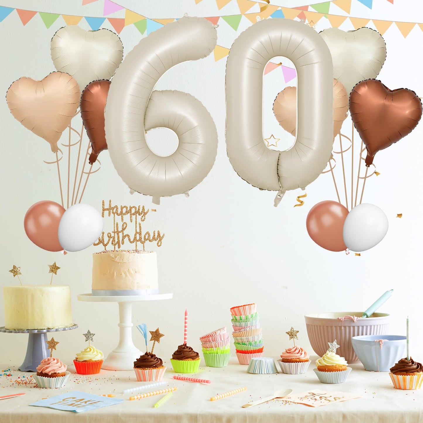Biapian 60 Inch Cream Number 50 Balloons, 8Pcs Giant Foil Number 6 & 0 Balloons With 18'' Cream White Heart Balloon For 60Th Yea