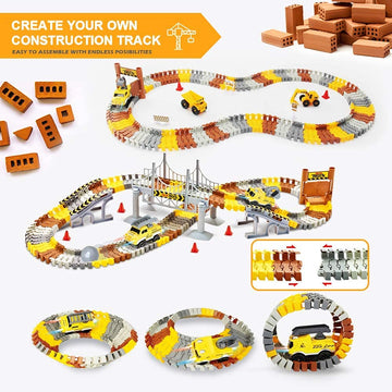 Construction Race Tracks Set, Flexible Train Tracks w/ 2 Electric Construction Race Vehicles w/Lights, STEM Engineering Race Tra