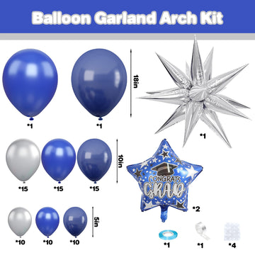 Graduation Balloon Garland Arch Kit, Navy Blue Metallic Silver Balloons With Satr Graduation Hats Foil Balloons For Graduation Baby Shower Birthday Party Decorations