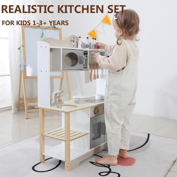 Wooden Play Kitchen, Kids Toy Kitchen Cooking Set, Kids Play Kitchen Pretend Play Set, Pretend Kitchen Playset for Toddlers Boys