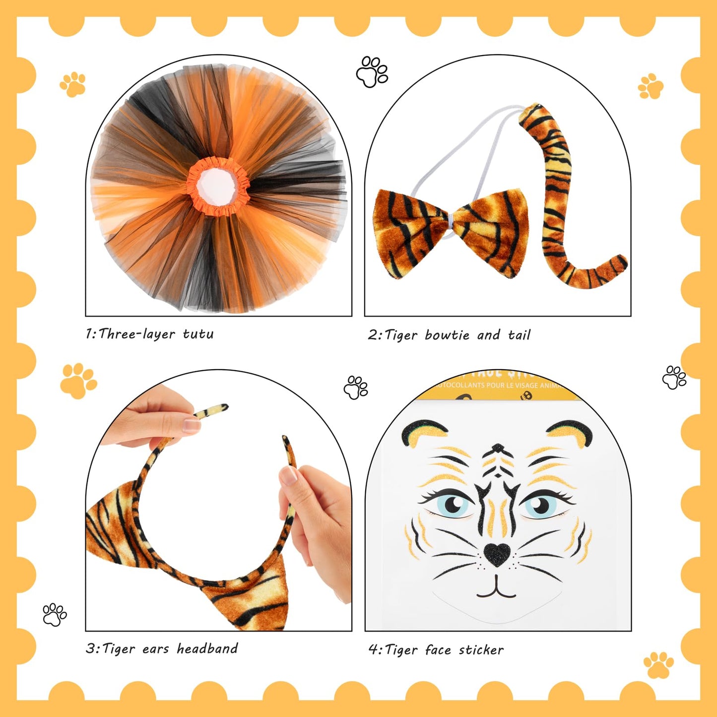 BROMZ Kids Tiger Costume Set - 5 Pcs with Ears Headband, Tail, Bowtie, Tutu & Face Sticker for Halloween Party, One Size