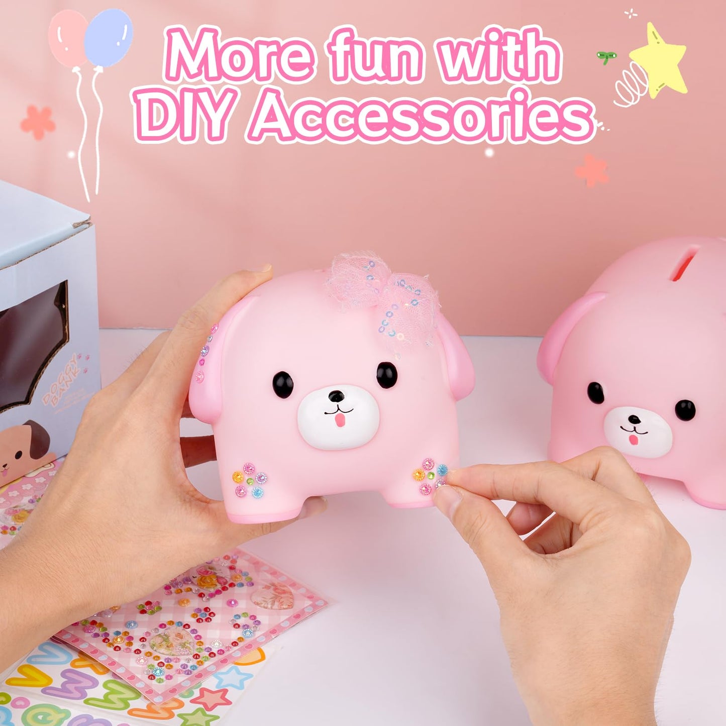 NIGOWAYS Piggy Bank for Girls,Unbreakable Plastic Puppy Money Bank with DIY-Stickers and Rhinestone Bow Tie,Cute Coin Bank for K
