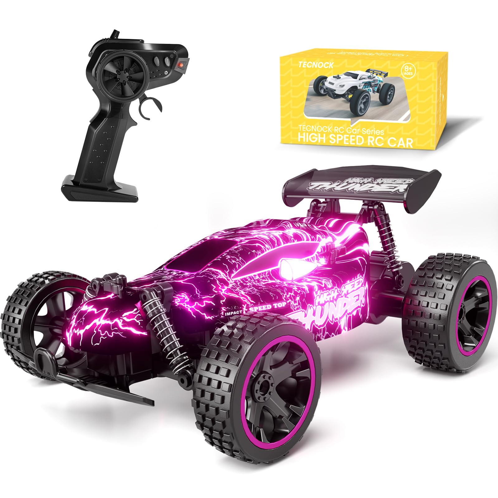 Tecnock RC Cars Remote Control Car for Boys and Girls, 1:18 Scale RC Car with LED Lights, 2.4GHz 2WD All-Terrain RC Truck, Recha