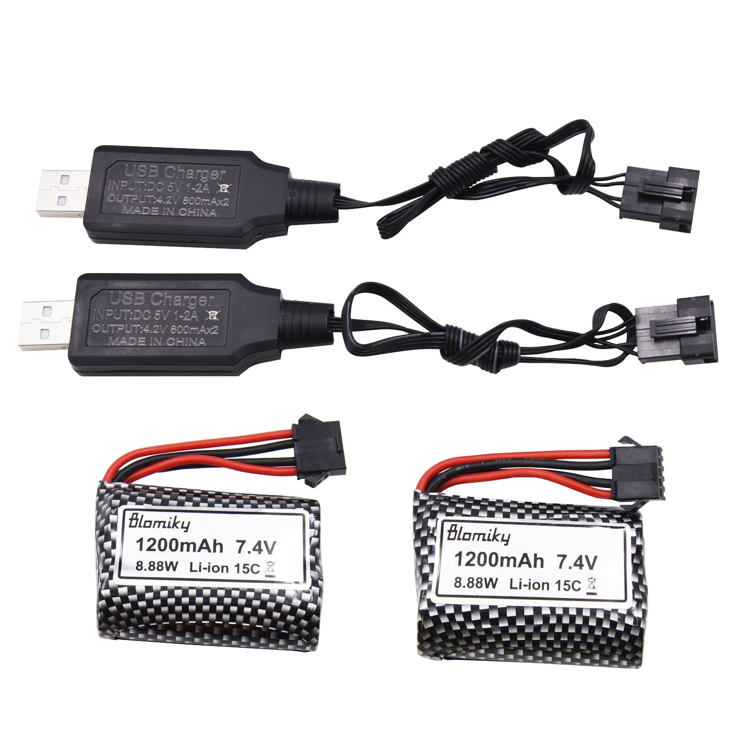 Blomiky 2 Pack 7.4V 1200mAh Li-ion Rechargeable Battery with SM5P Plug and Charger Cable for R208 R308 2008 RC Boat R208 Battery
