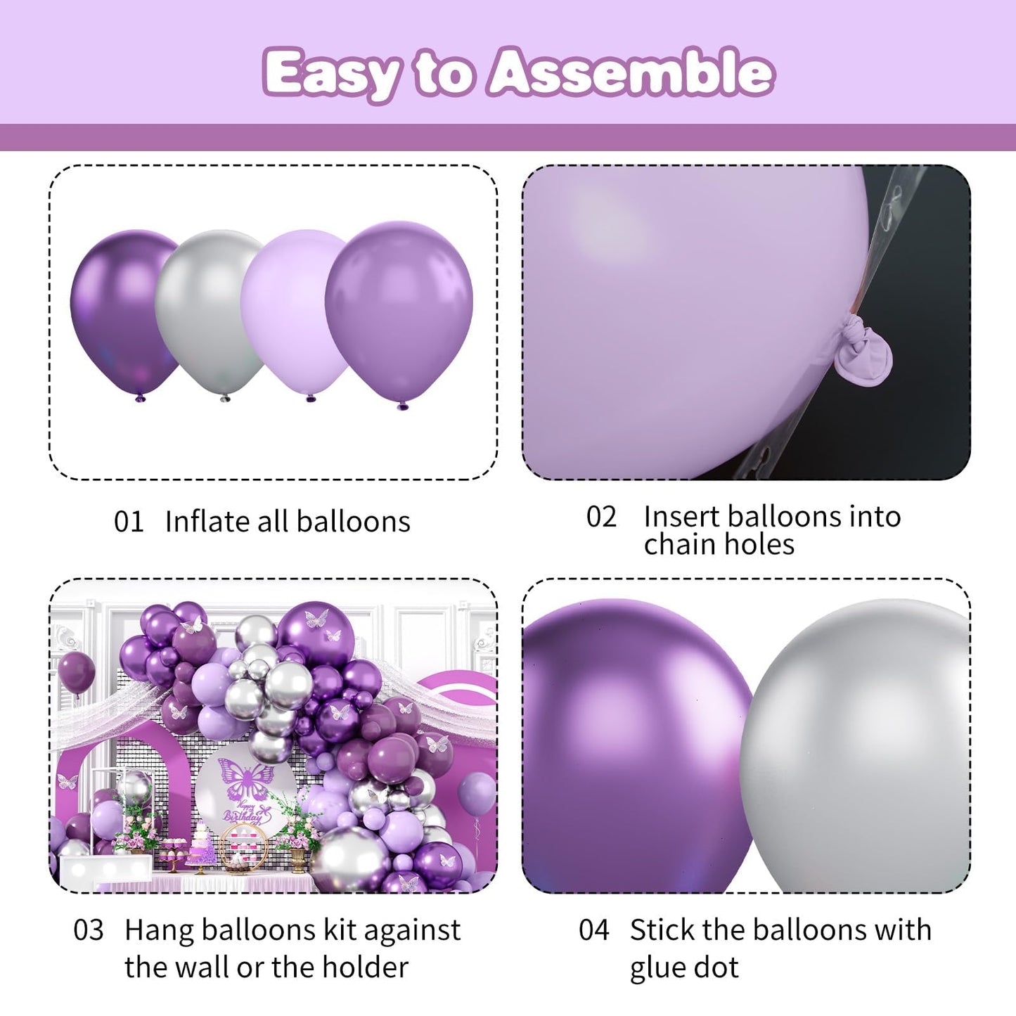 Purple Silver Balloon Arch Kit, Metallic Purple Silver Butterfly Balloons With Butterfly Stickers For Kids Butterfly Party Decorations Birthday Balloons Baby Shower Engagement Party Supplies