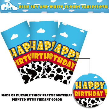3 Pack Cartoon Story Birthday Party Supplies Cow Pattern Printed Table Cover Blue Sky and White Cloud Tablecloths Cow Birthday P