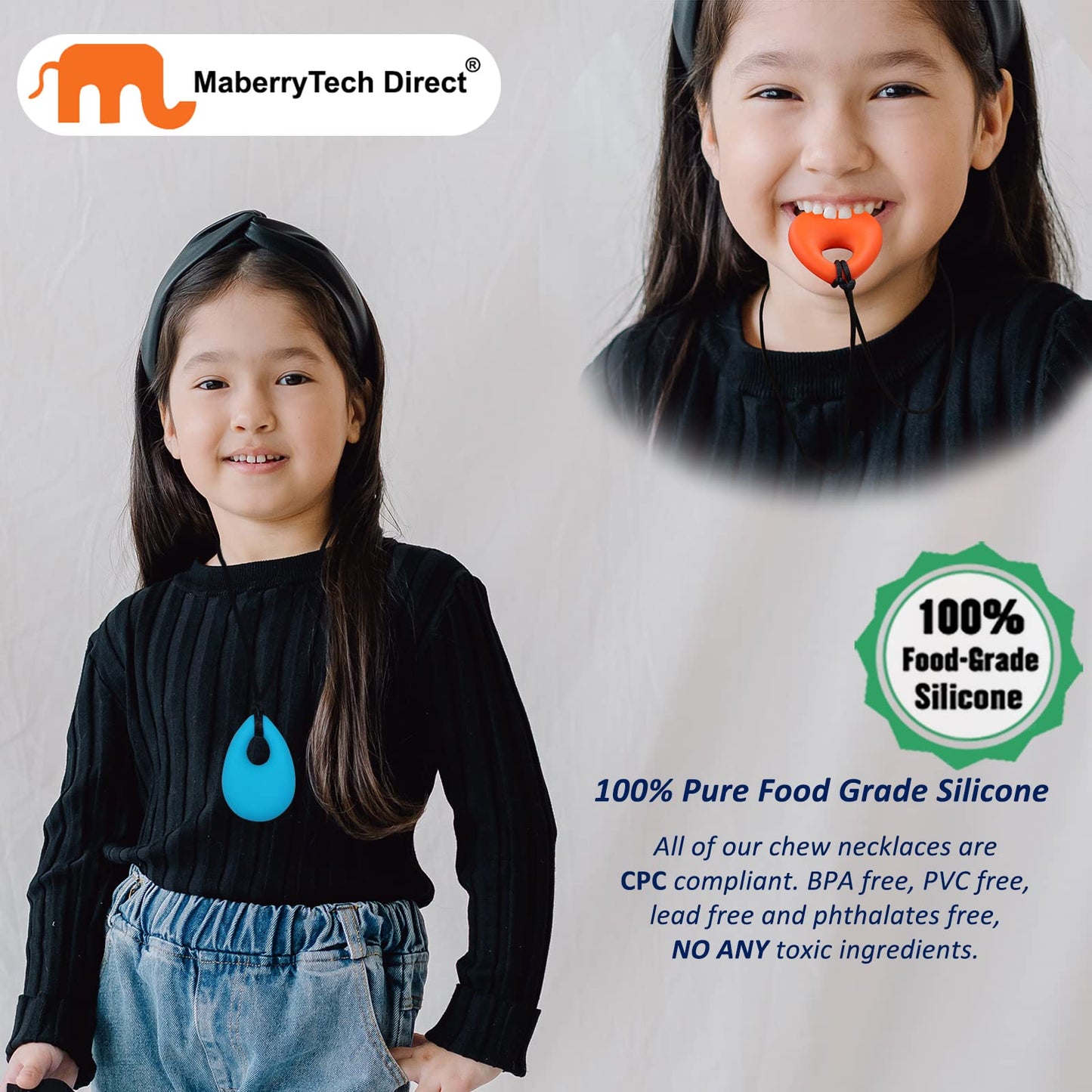 MaberryTech Chew Necklace for Sensory Kids & Adults, 4 Pcs BPA-Free Silicone Toys, Colorful Chewy Fidget for ADHD/Autism/SPD/Anxiety