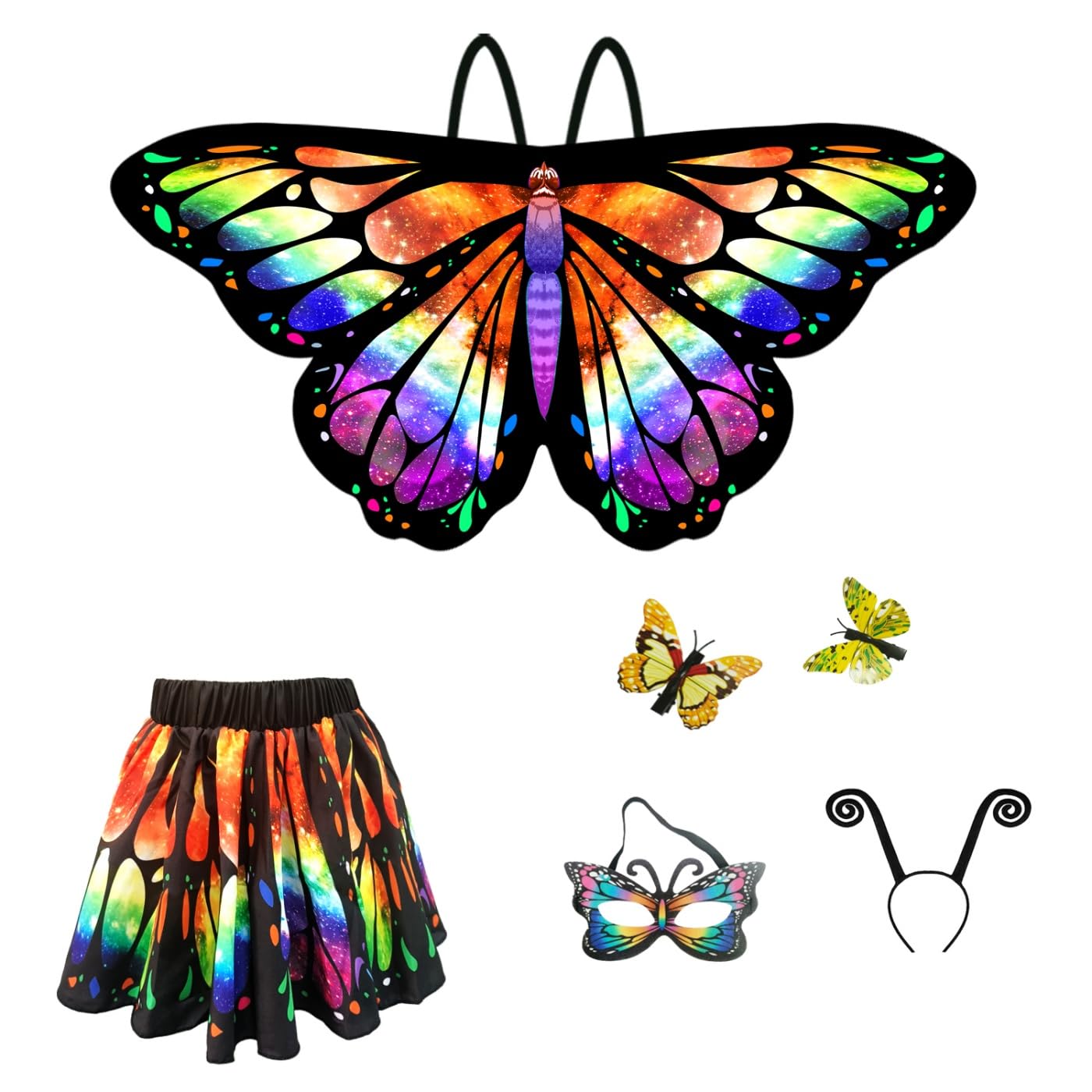 Jackcell Butterfly Wings Costumes for Girls - Double Sided Butterfly Cape Halloween Costume with Fairy Skirt for kids, Fairy Win