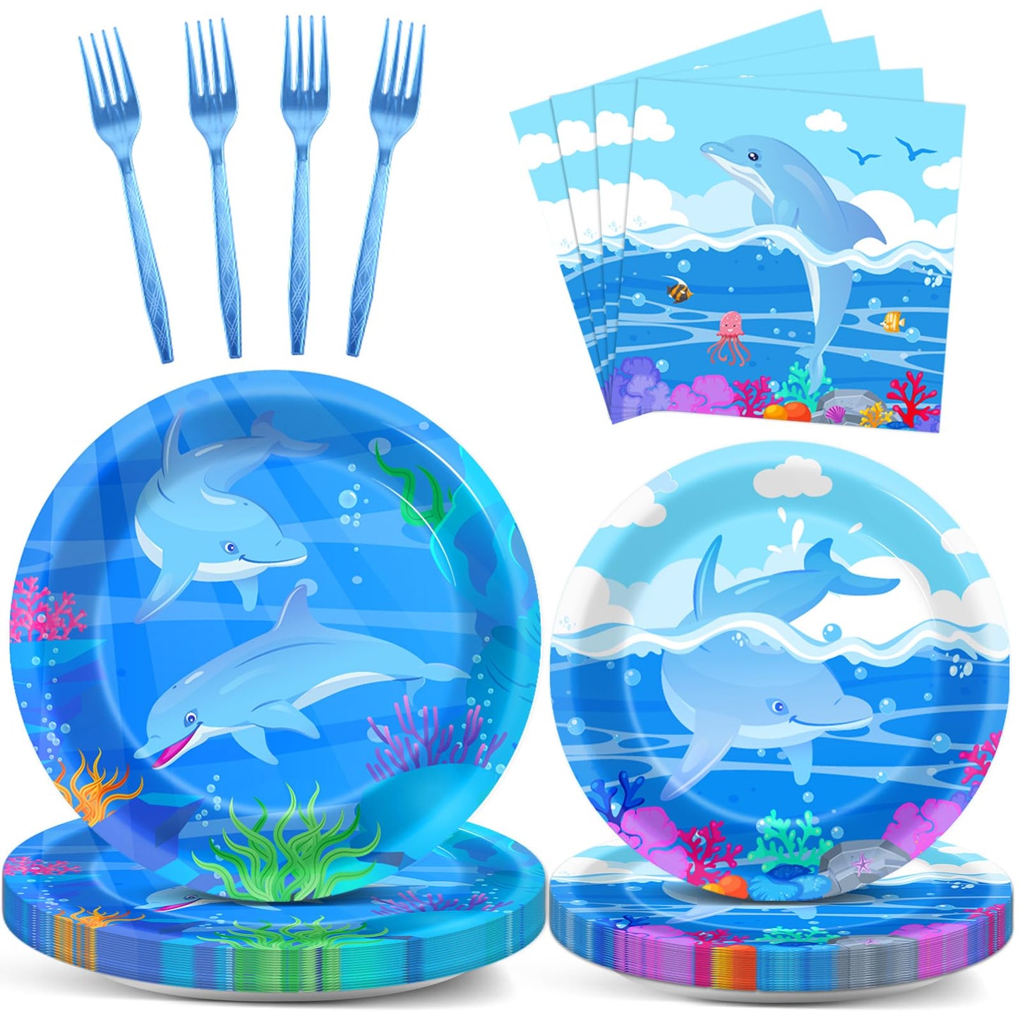 96 Pcs Dolphin Theme Party Supplies Set Ocean Dolphin Plates And Napkins Disposable Tableware Under The Sea Birthday Decorations