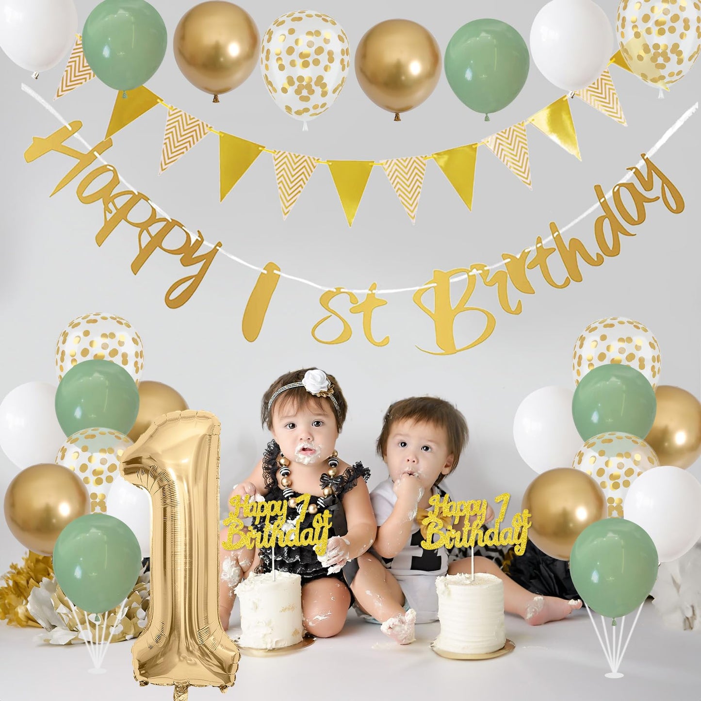1St Birthday Decorations For Boys Girls, Sage Green White Gold Birthday Balloons With Happy 1St Birthday Banner First Birthday C