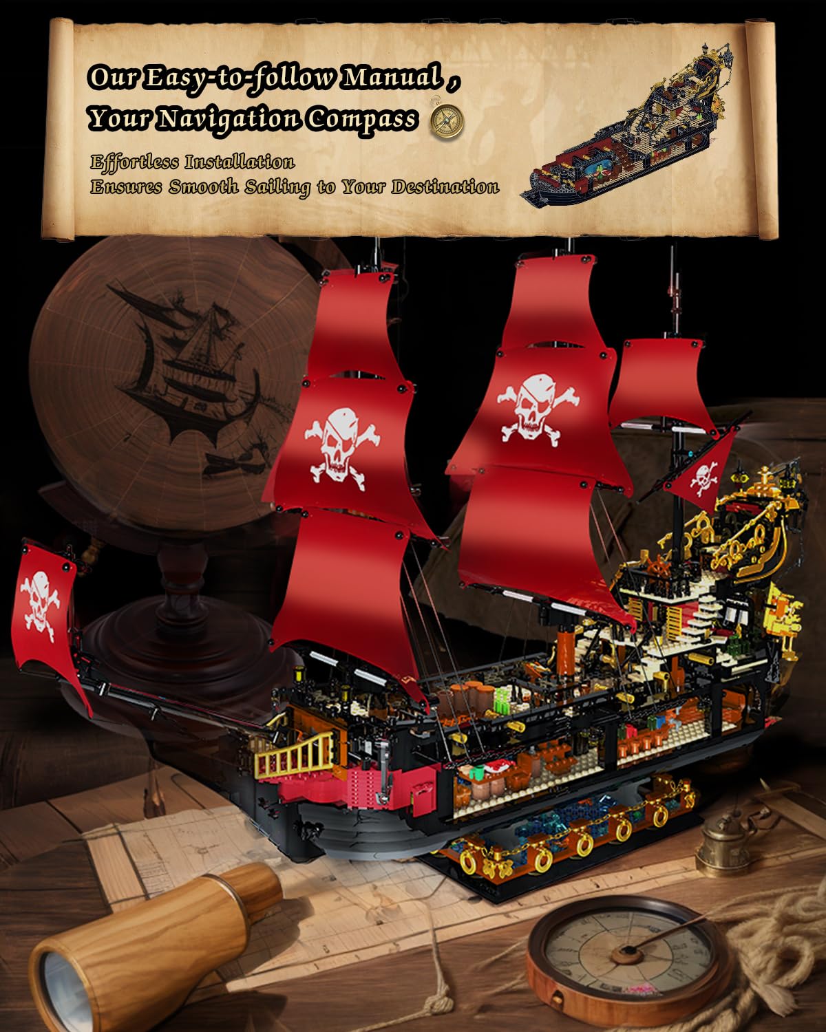 Pirate Ship Building Kit, Queen Anne'S Revenge Pirate Ship Building Set For Adults, Building Toys Gift For Kids Boys 8-12, Compa