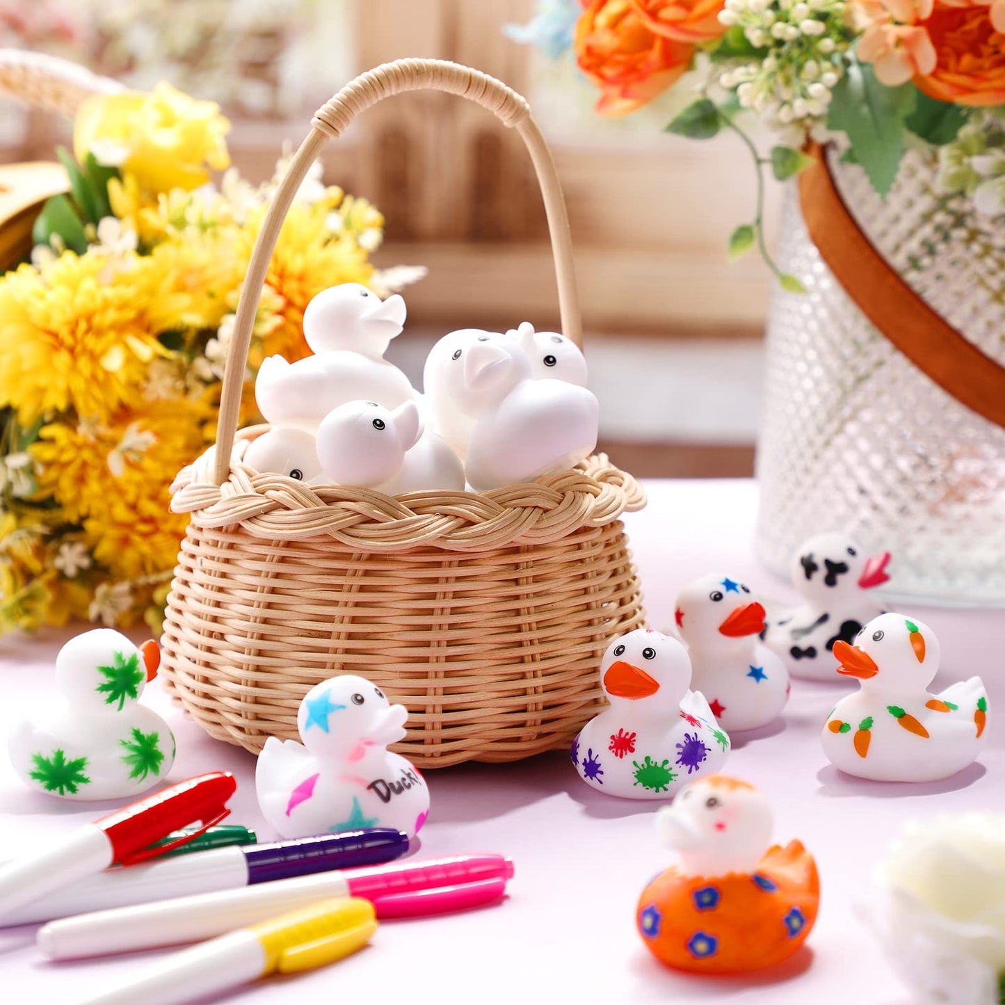 Jerify 24 Pcs 2 Inch White Blank Rubber Ducks Creative Rubber Ducks With Pens Of 12 Colors For Pool Bathtub Float Cute Valentine'S Day Diy Birthday Gifts Baby Party Favors For Kids