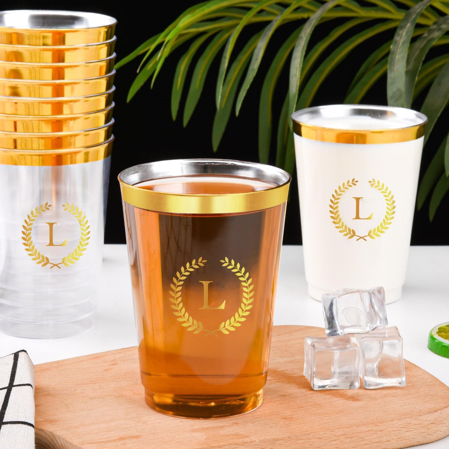 Datyiiha 100 Pieces Monogrammed Plastic Cups Gold Foil Letter L Disposable Cups 12 Oz Clear Initial Party Cups For Wedding Birth