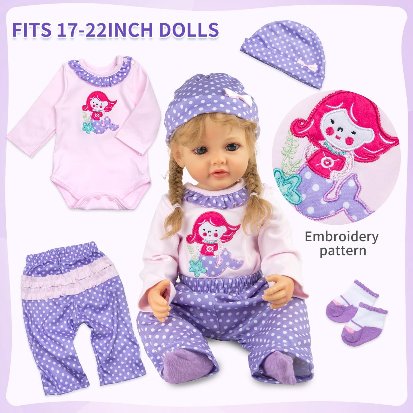 11 Pcs Set Reborn Baby Girl Doll Clothes Outfit Accessories Purple Mermaid Unicorn for 17-22 Inch Reborn Doll Newborn Girl