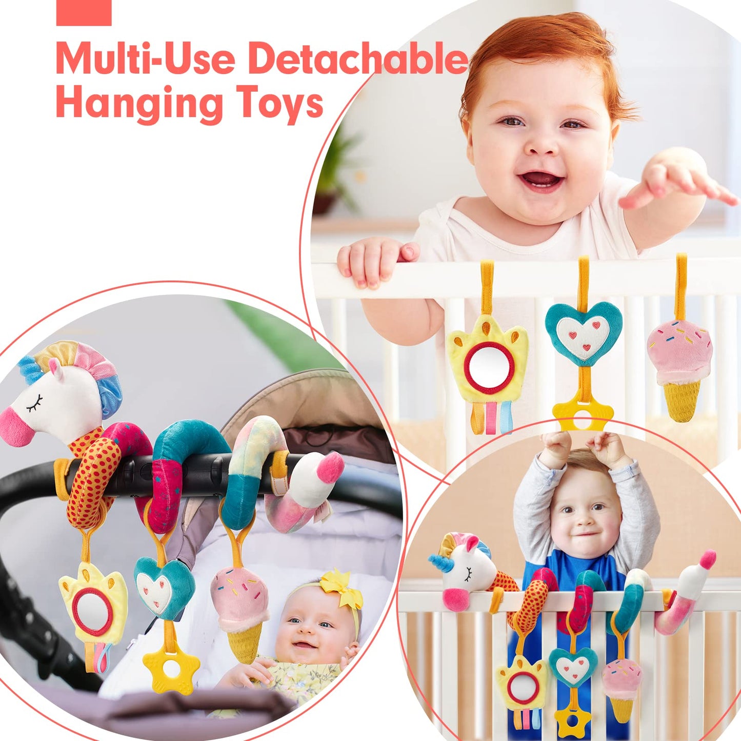 Hahaland Car Seat Toys For Babies 0-6 Months Girl - Baby Toys 3-6 Months - Rattle, Mirror, Crinkle, Squeaky Carseat Stroller Toys 0-6 Months Developmental Newborn Baby Girl Gifts