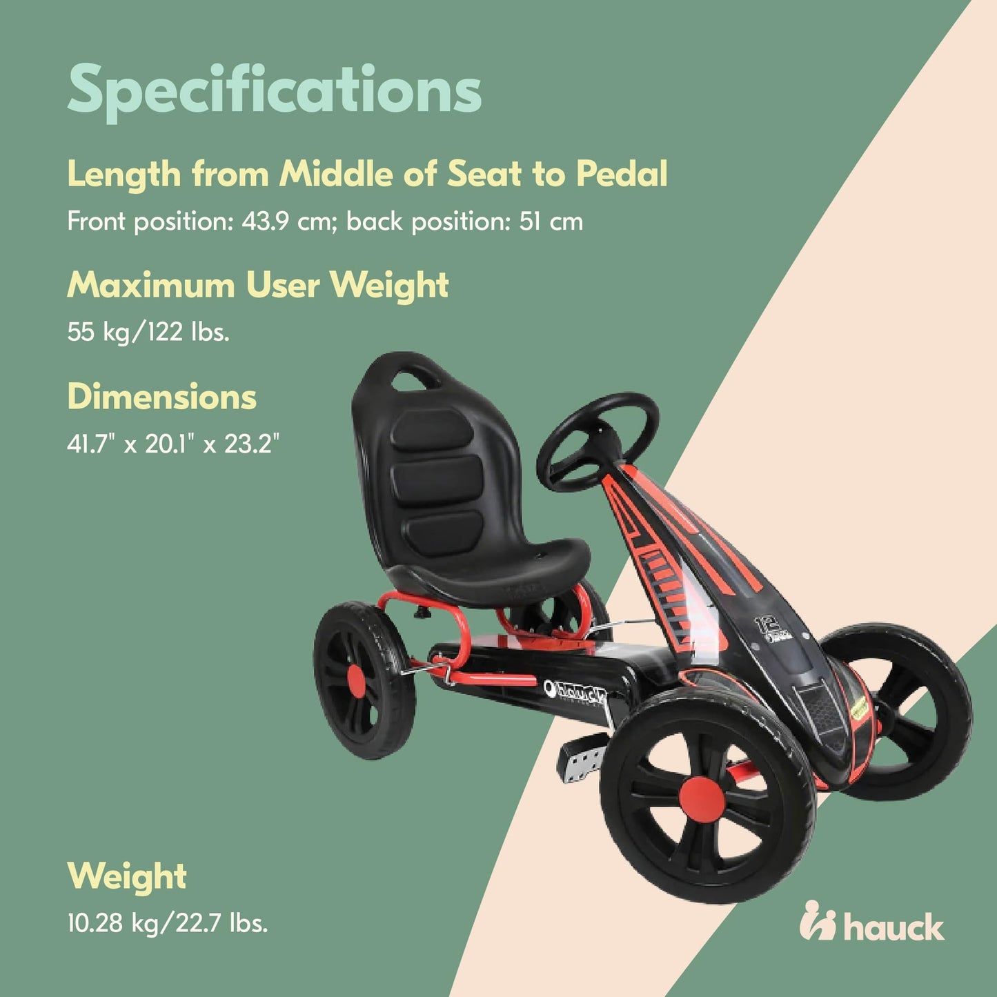 Hauck Cyclone Pedal Go Kart With Adjustable Bucket Seat, 12 Inch Eva Foam Plastic Wheels, Handbrake For Rear Wheels - Ride On Toy For Kids 4-10 Years
