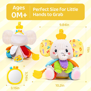 JoySpark Toys Musical Stuffed Elephant - Beige Polyester Toy for Infants 0-12 Months, Crinkle Paper & Mirror, Perfect Tummy Time Gift