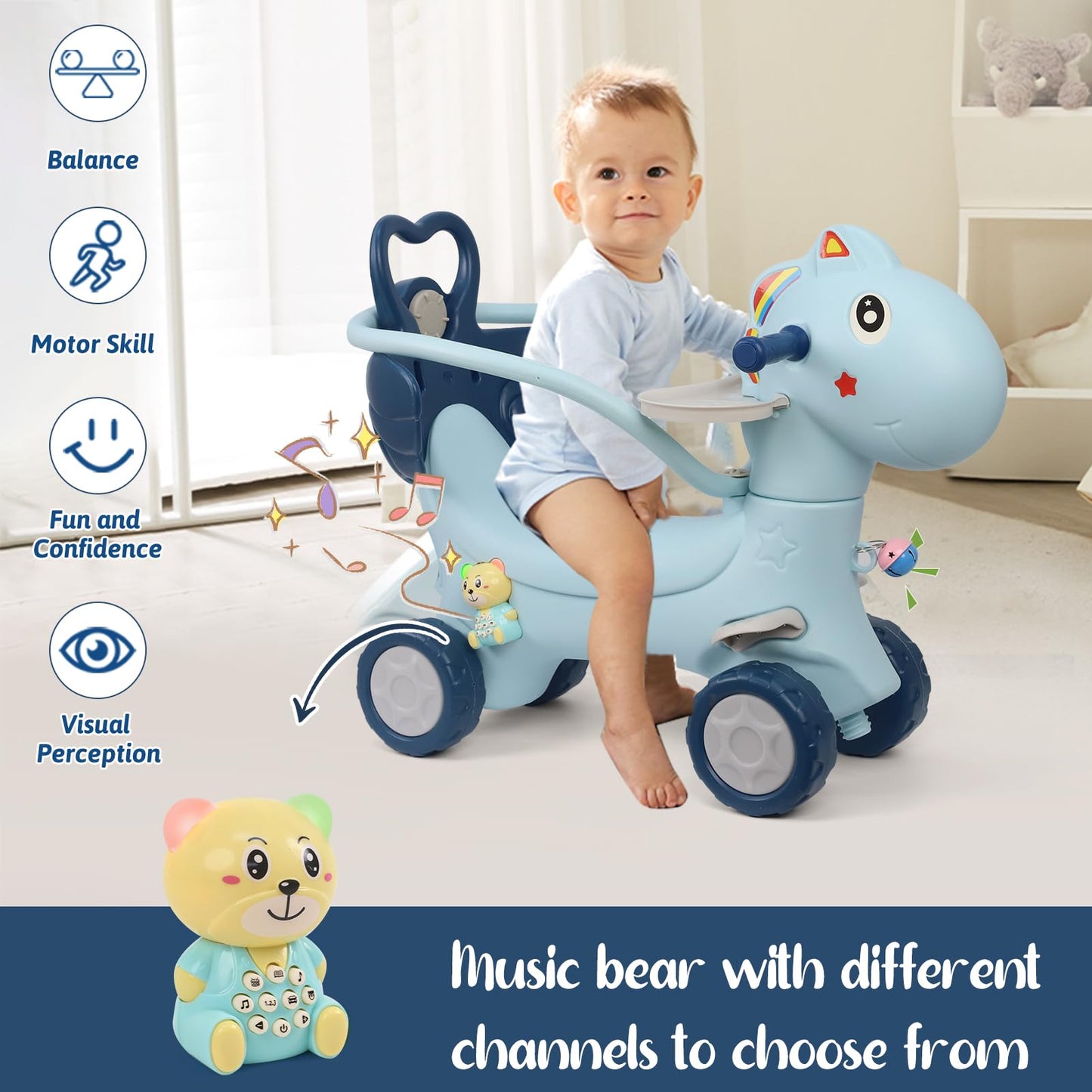 Ancaixin 4-in-1 Rocking Horse Toy for Toddlers 1-3 Years, Blue Plastic with Push Handle and Backrest