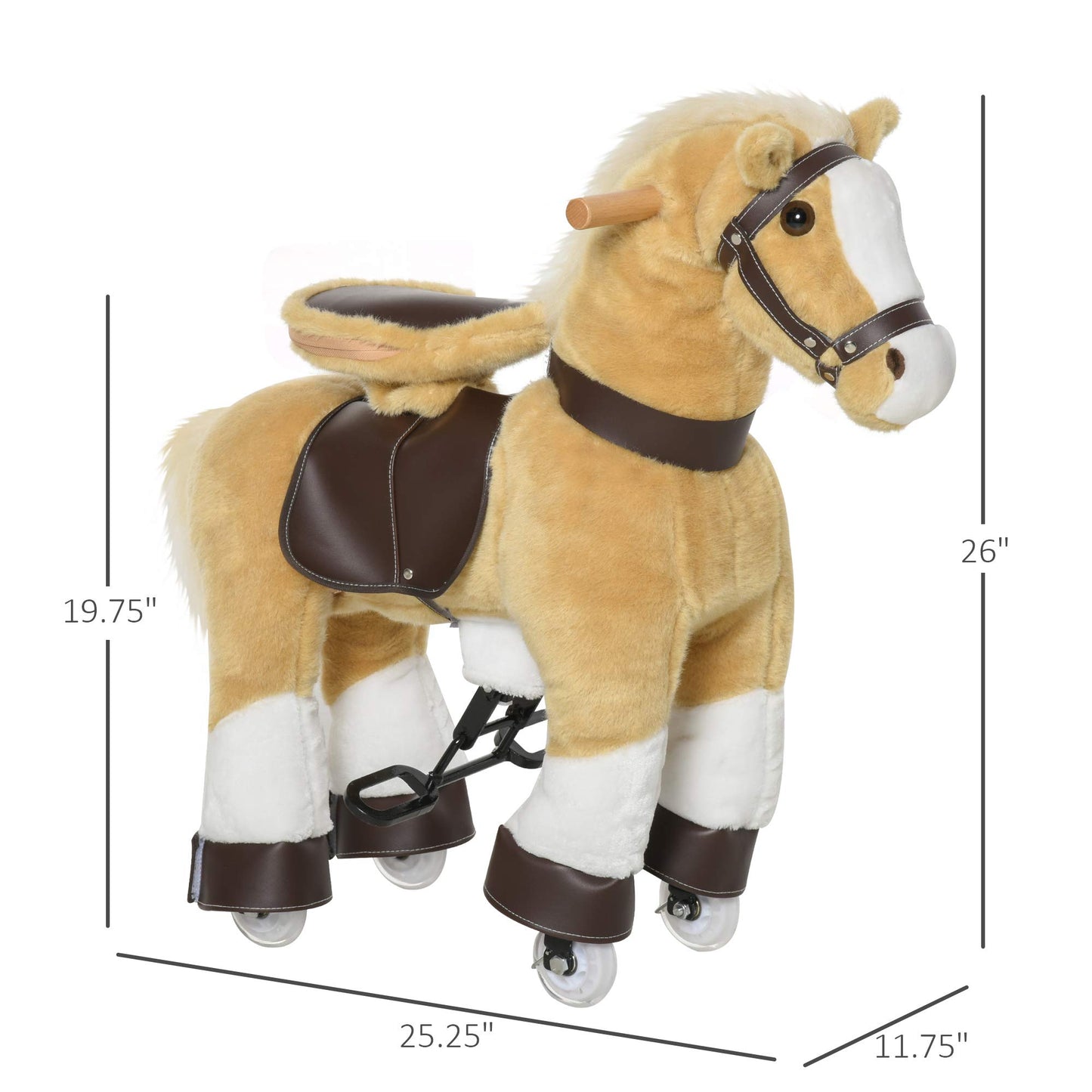 Qaba Ride-On Walking Rolling Kids Horse With Easy Rolling Wheels, Soft Huggable Body, & A Large Size For Kids 3-8 Years