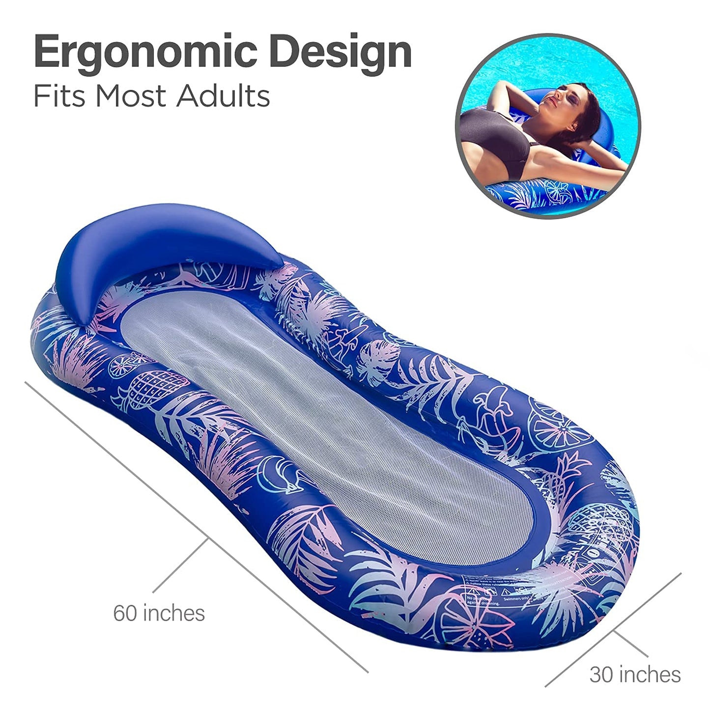 Mesh Bottom Pool Float For Adults - Inflatable Raft Water Lounger Recliner For Swimming Pool With Built-In Headrest (Tropical Blue)