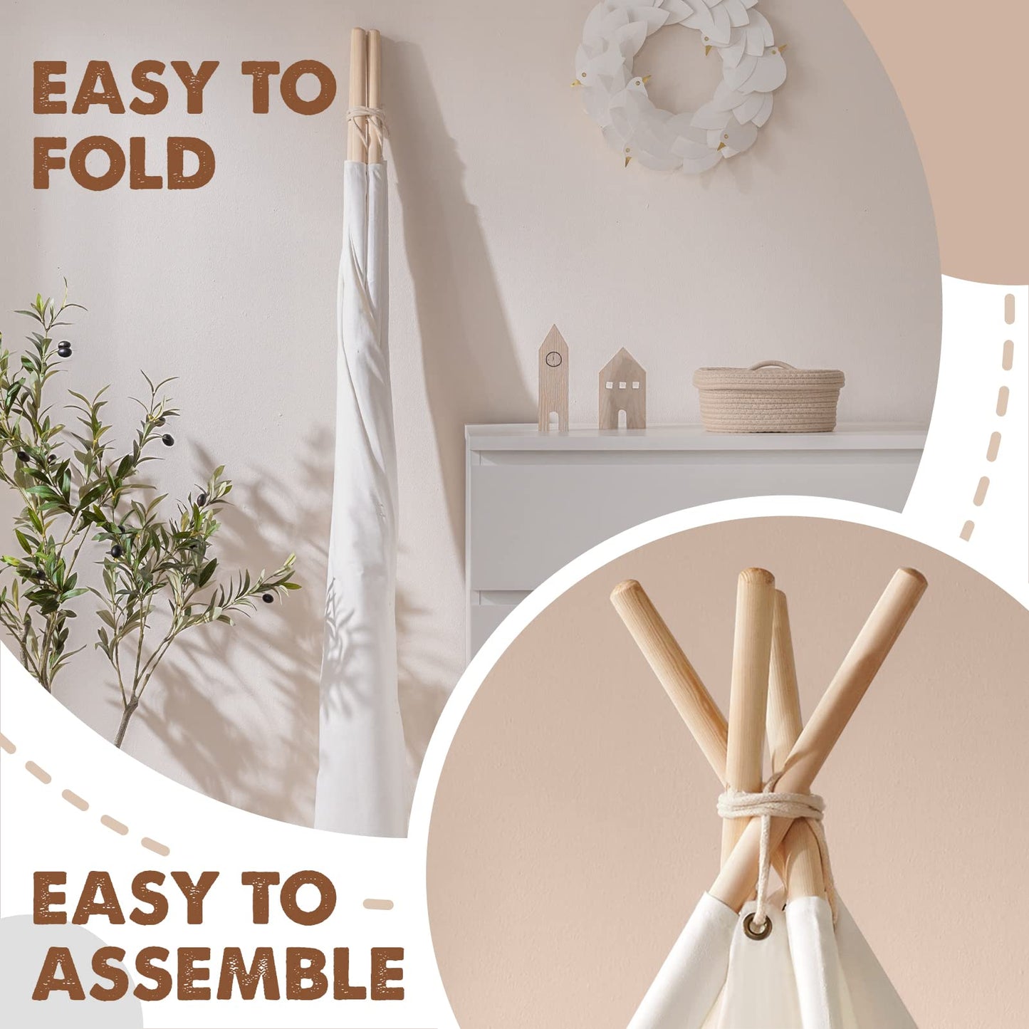 Tiny Land Kids Teepee Tent - 100% Cotton, White, Foldable with Padded Mat & Star Lights, Model ZRW-ETZP-SBN010, for Ages 3+