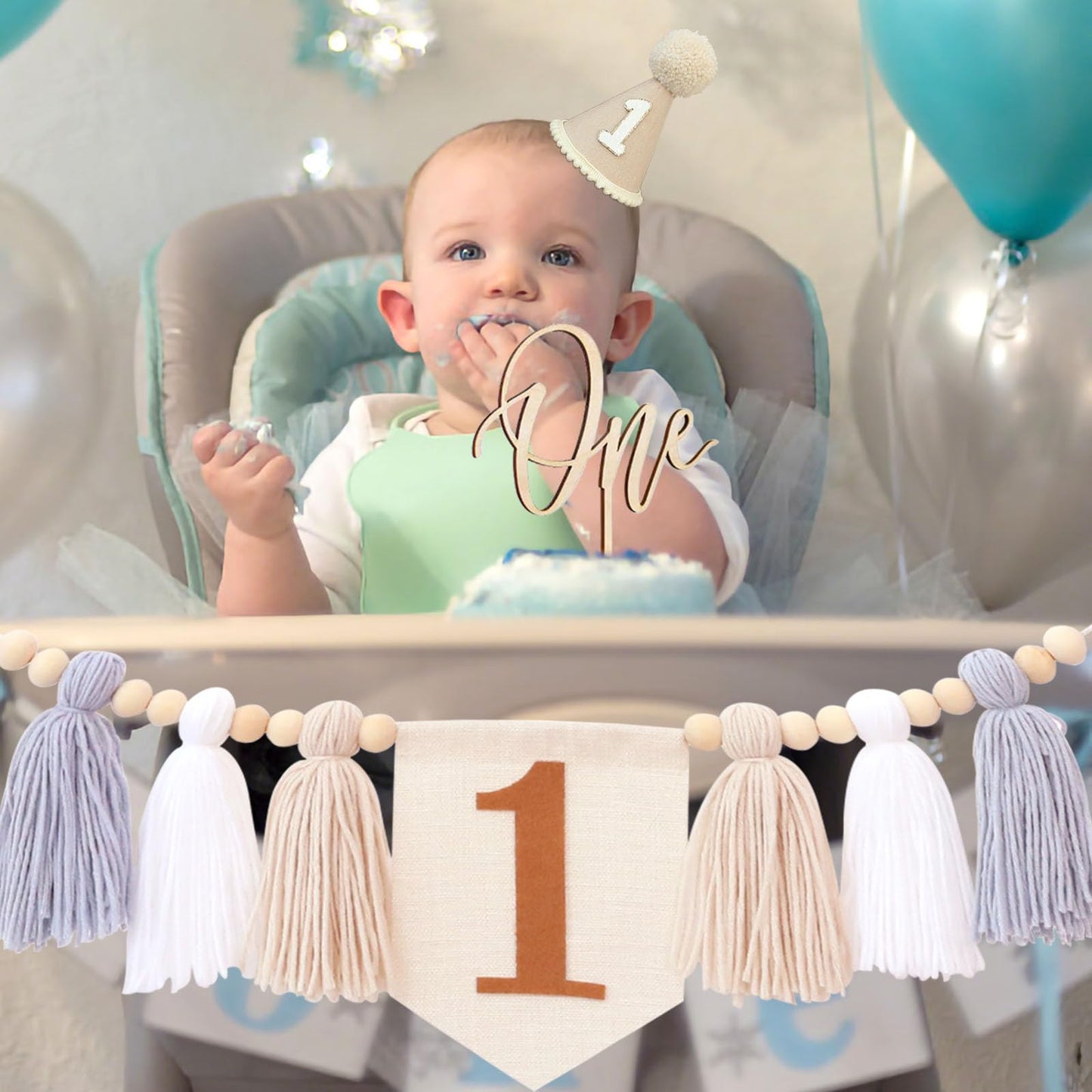 1St Birthday Highchair Banner Decorations For First Boys Khaki Cone Hat With One Cake Topper Photo Backdrop