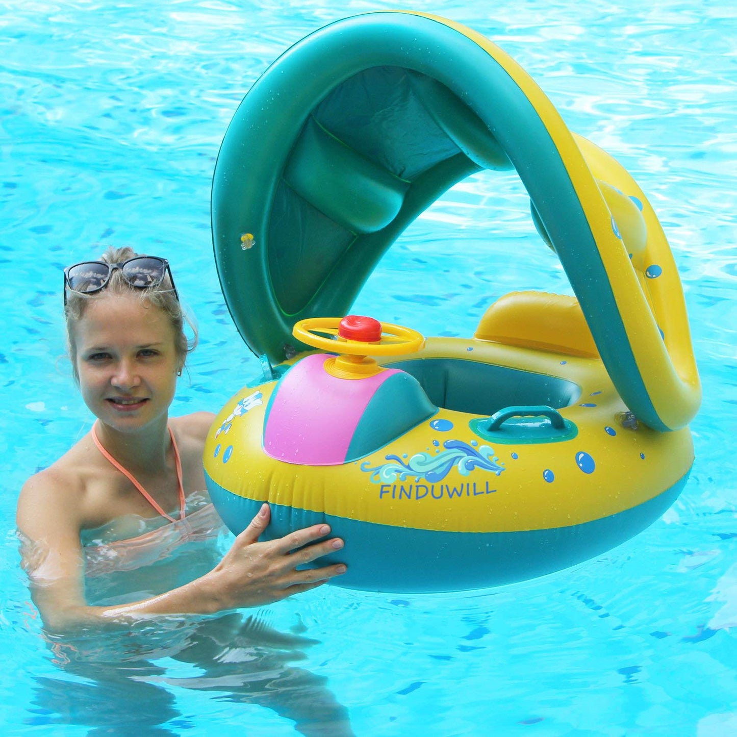 Inflatable Baby Swimming Pool Floats With Removable Sun Protection Canopy, Toddler Floaties With Seat And Handle, No Flip Over Baby Boat Swim Floats For Age Of 6-36 Months, With Hand Pump, Storage Bag