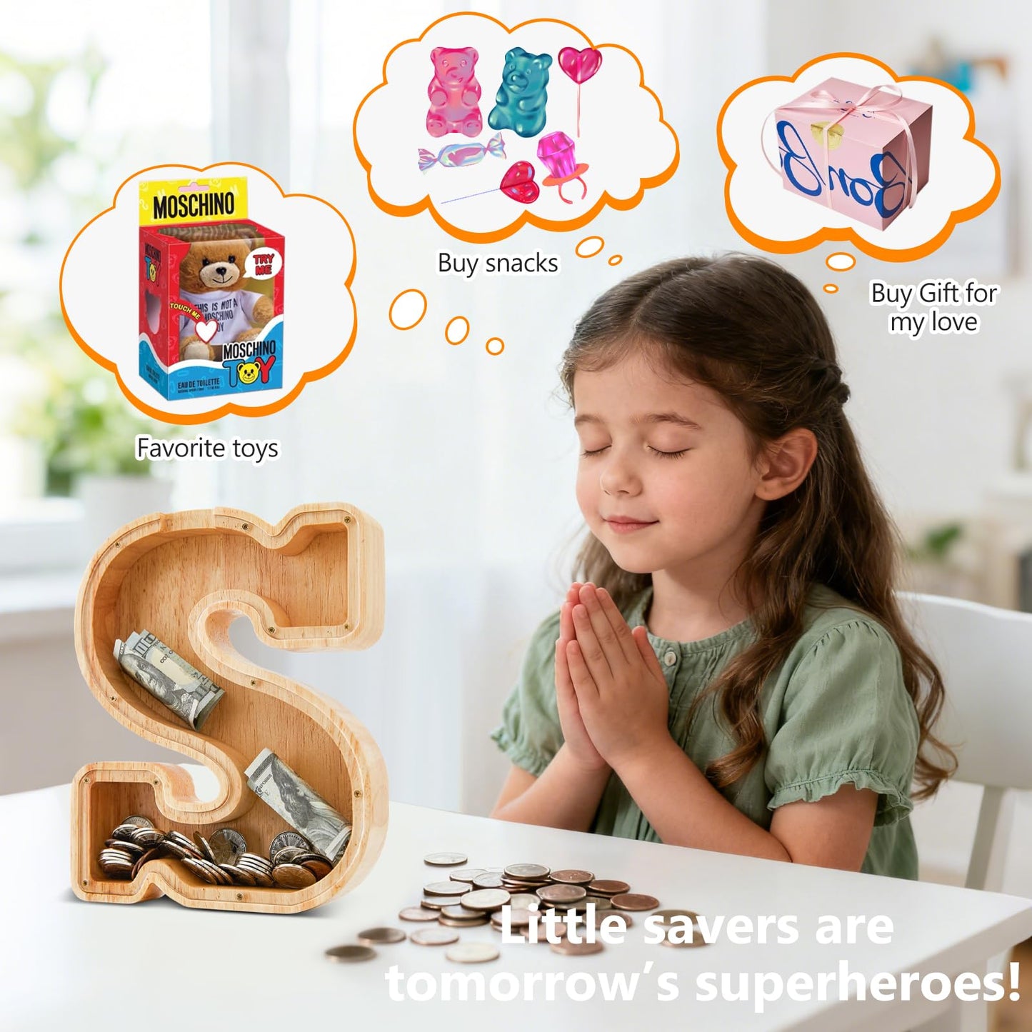 Wooden Letter Piggy Bank for Kids Initial Coin Bank for Boys and Girls First Name Personalized Savings Bank for Birthday Boys Girls Gift Piggy Bank for Kids (Wood S9-S)