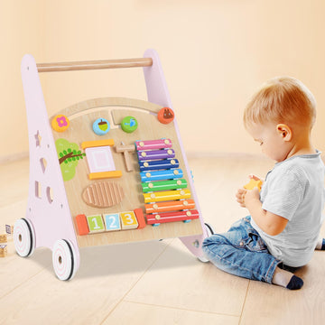 Infans Wooden Baby Walker, Montessori Walker With Multiple Activity Toys, Storage, Push Walker Toys For Infant Learning To Walk,