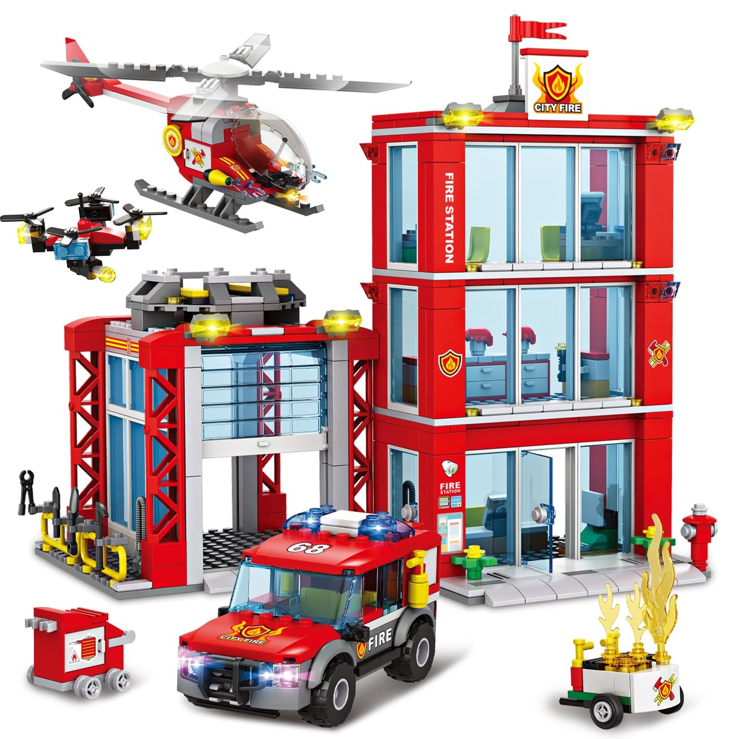 Mkmimo City Fire Station Building Kit, Compatible With Lego Fire Rescue Building Blocks, Includes Fire Station, Fire Truck, Fire
