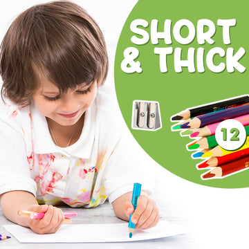 TinyGeeks Jumbo Pencils - 2024 Triangle Short Colored Pencils for Kids, Multicolor, Wood, Model TGJBP12, Includes Sharpener