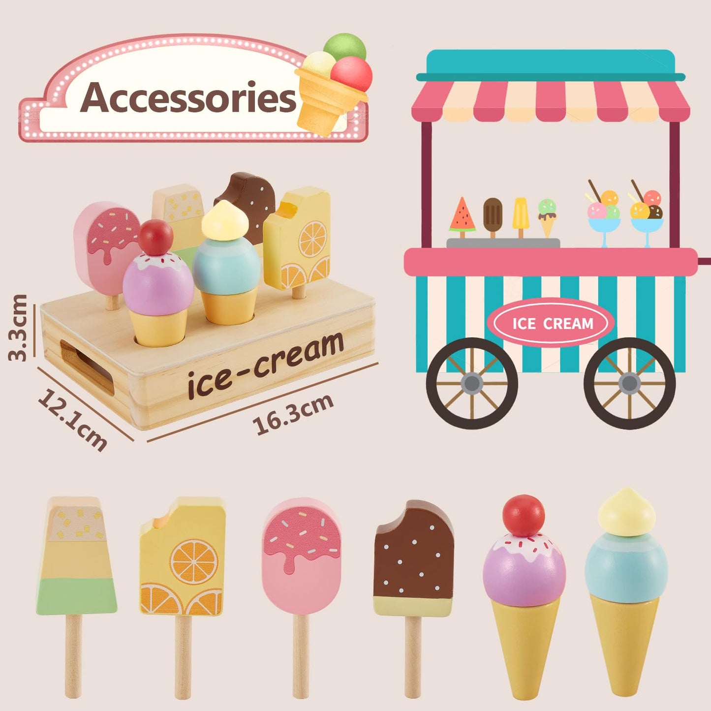 HERSITY Wooden Ice Cream Stand for Kids, Ice Cream Popsicle Toy Pretend Play Food Kitchen Accessories Playset Ice Lolly Shop Gam